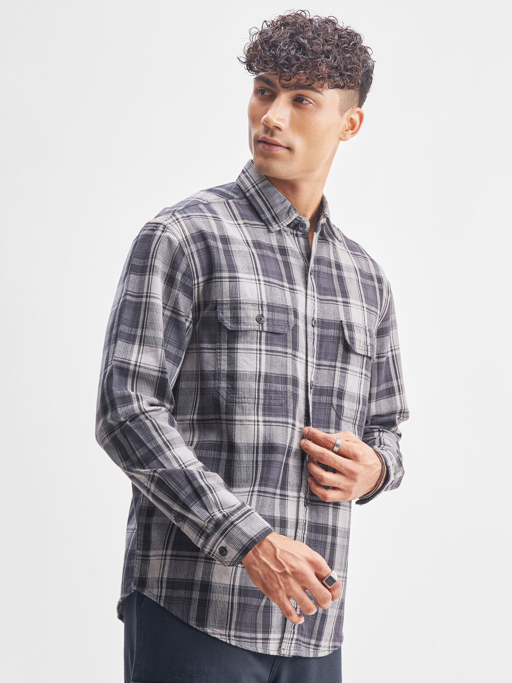 Highlander Men Charcoal Checked Relaxed Fit Casual Shirt - Charcoal - Image 6