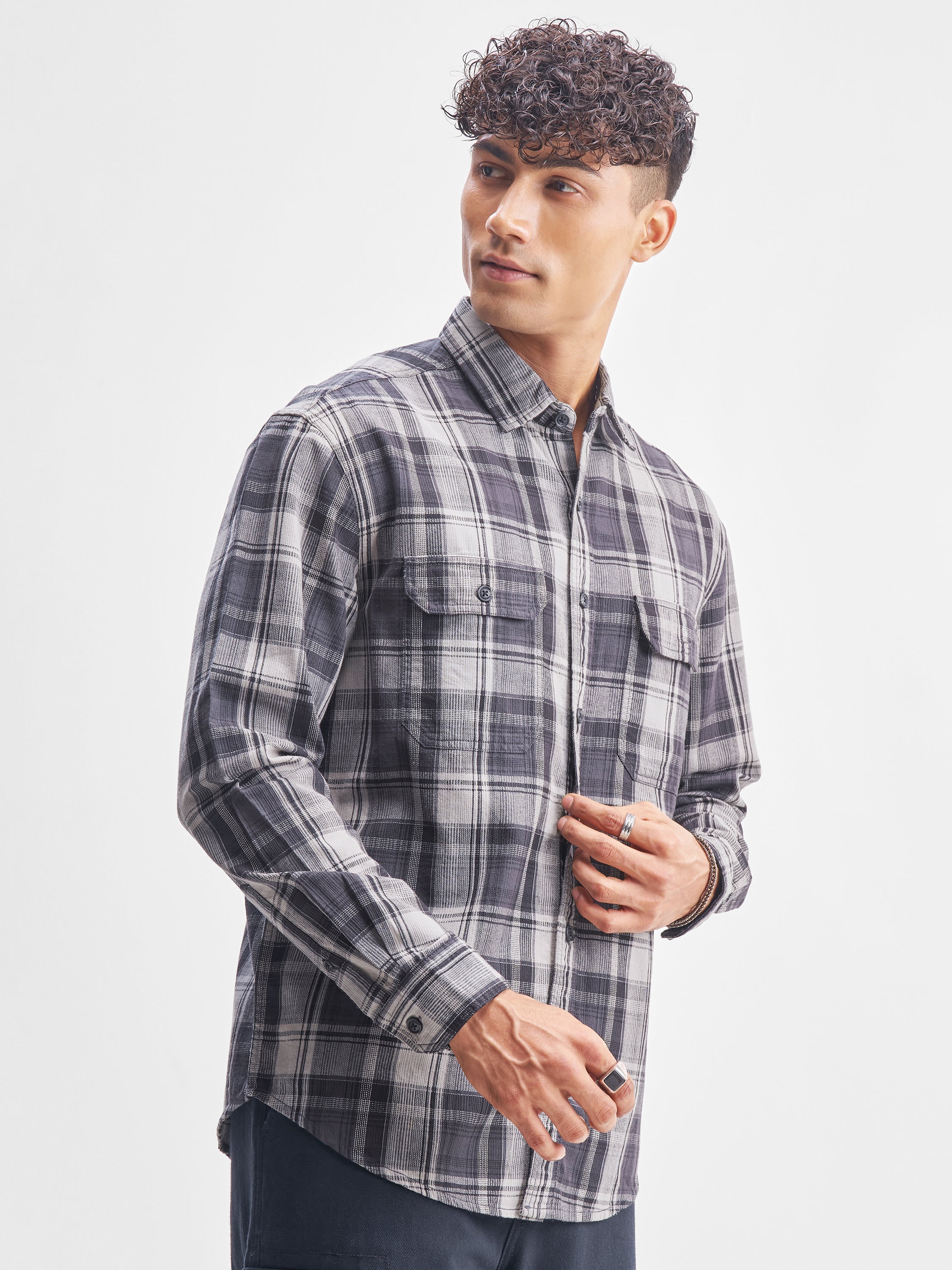 Highlander Men Charcoal Checked Relaxed Fit Casual Shirt - Charcoal - Image 6