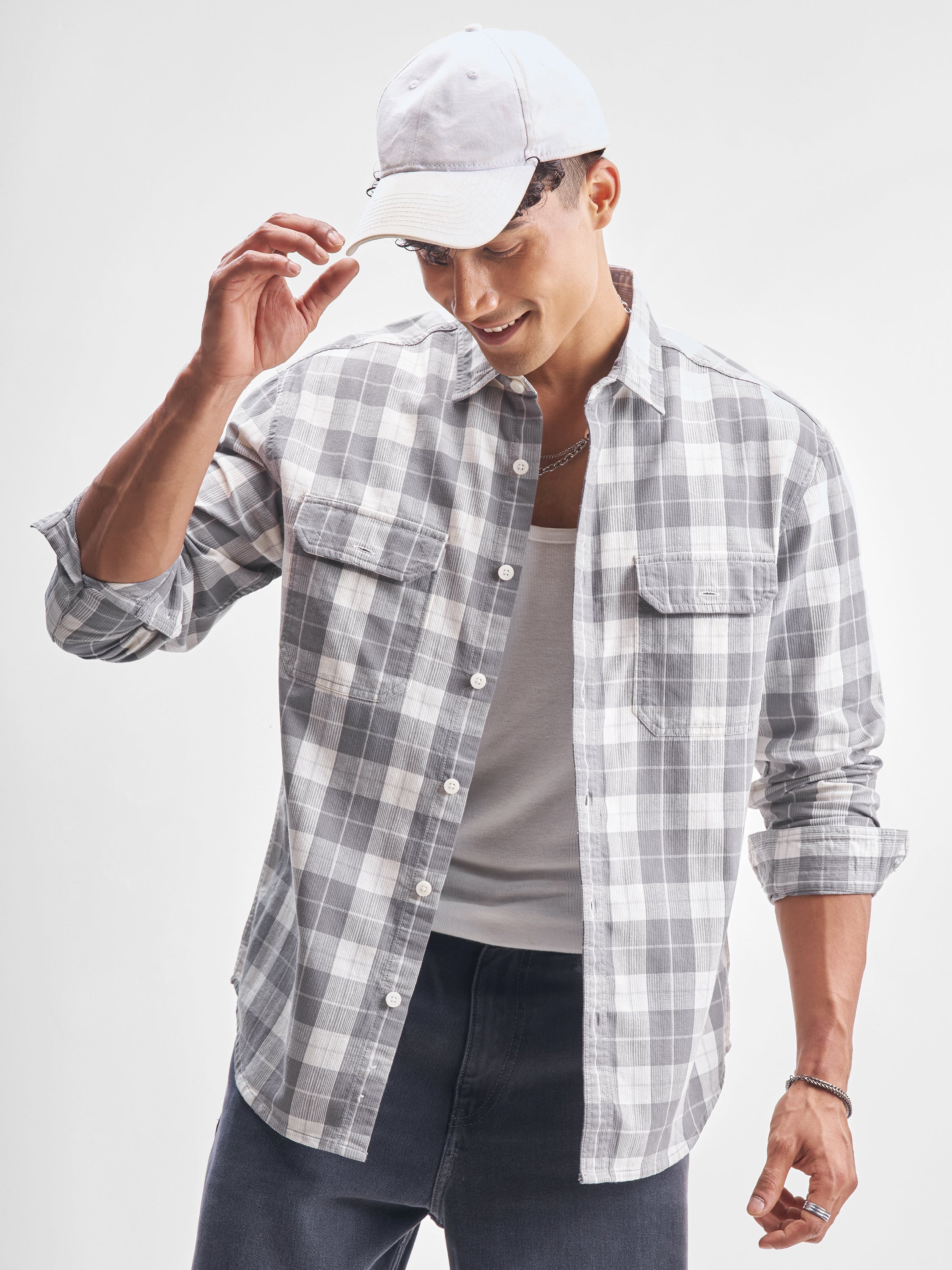 Highlander Men Grey Checked Relaxed Fit Casual Shirt - Grey - Image 1