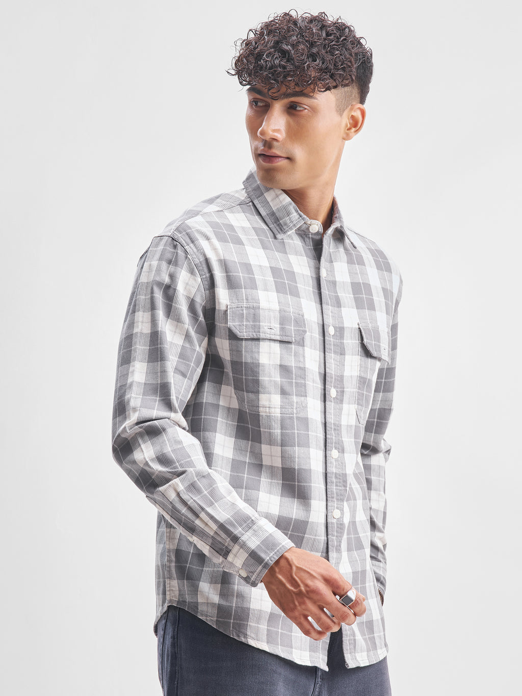 Highlander Men Grey Checked Relaxed Fit Casual Shirt - Grey - Image 6