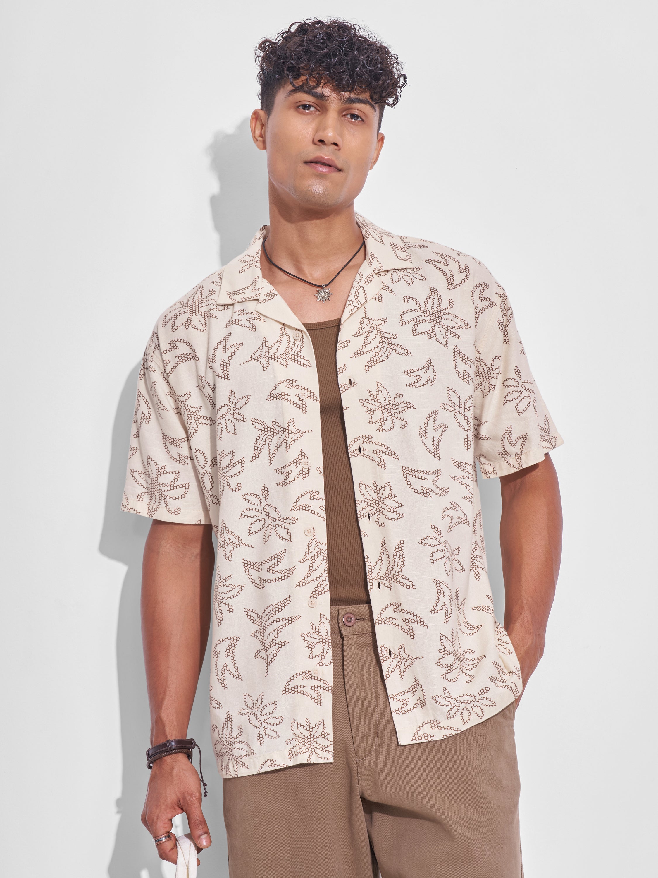 Highlander Men Cream Printed Relaxed Fit Casual Shirt - Cream - Image 1