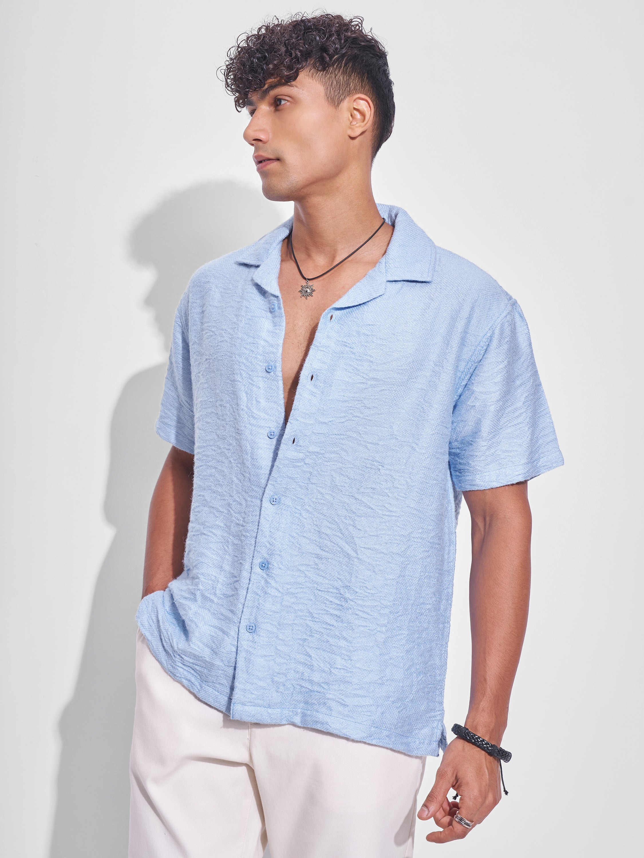 Highlander Men Blue Self Design Relaxed Fit Casual Shirt - Blue - Image 4