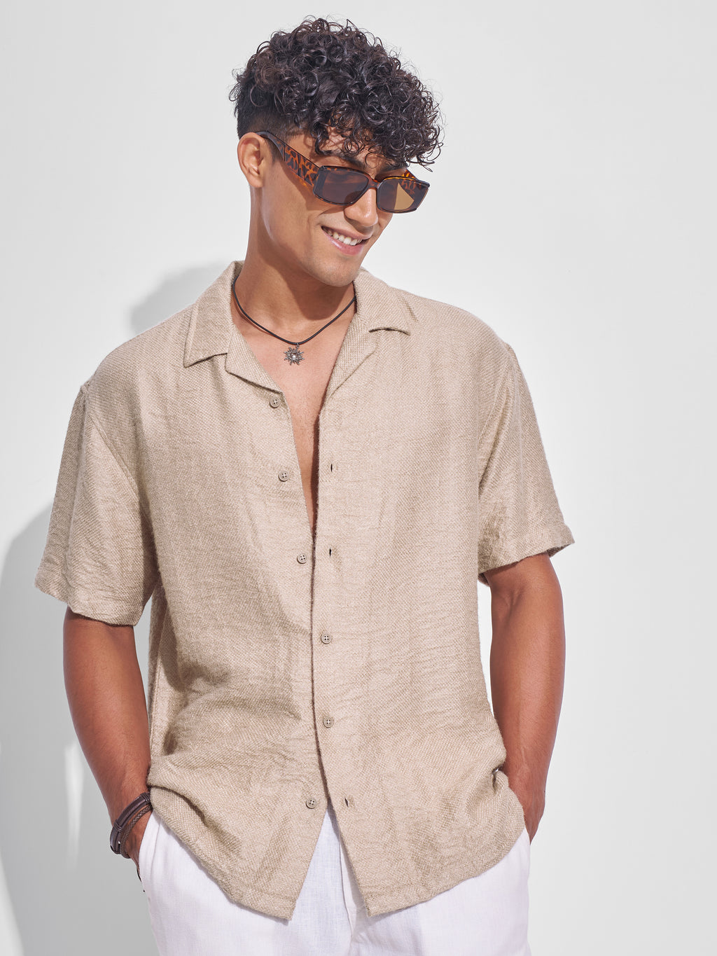 Highlander Men Beige Crushed Relaxed Fit Casual Shirt - Beige - Image 1