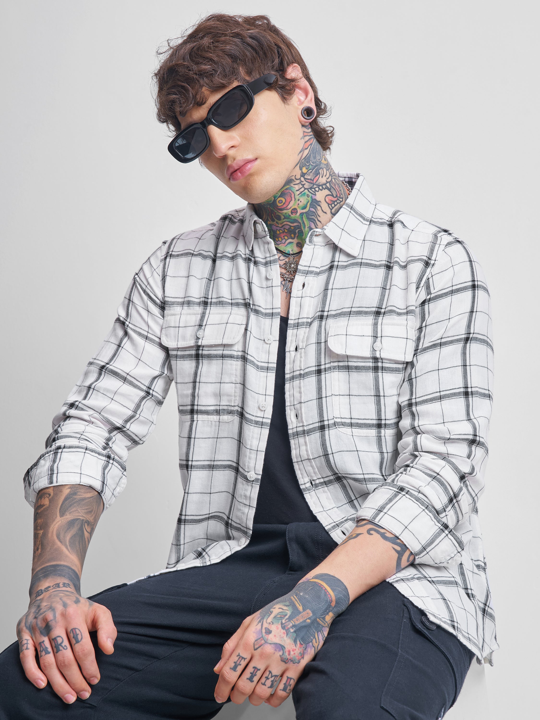 Highlander Men White Checked Relaxed Fit Casual Shirt - White - Image 1