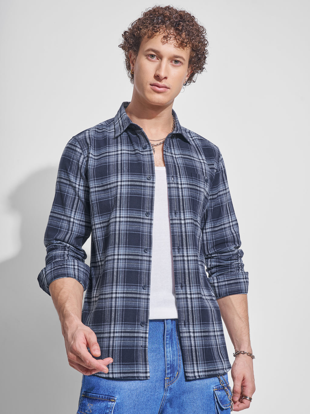 Highlander Men Navy Blue Checked Slim Fit Casual Shirt - Navy Blue - Image 1