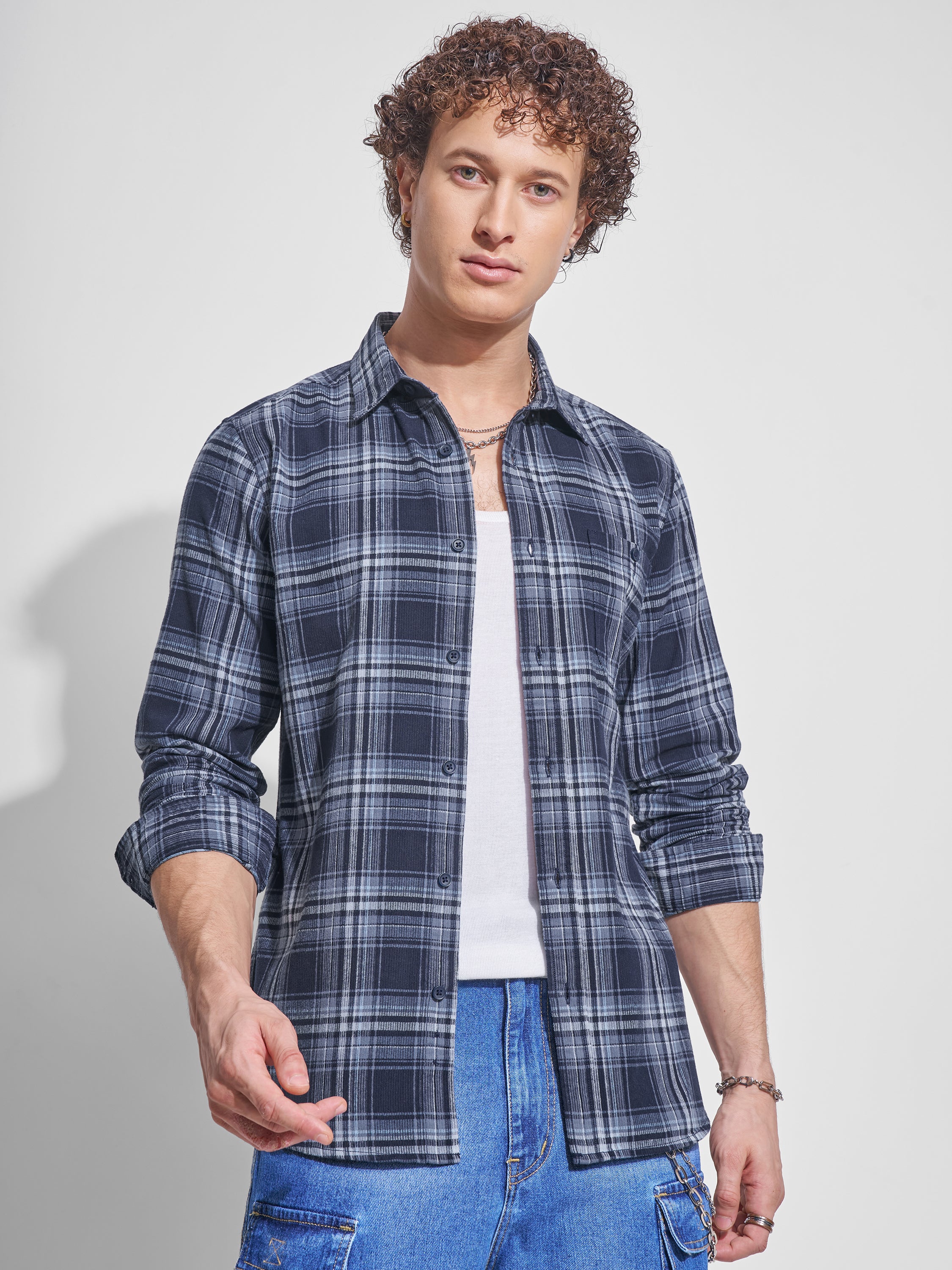 Highlander Men Navy Blue Checked Slim Fit Casual Shirt - Navy Blue - Image 1