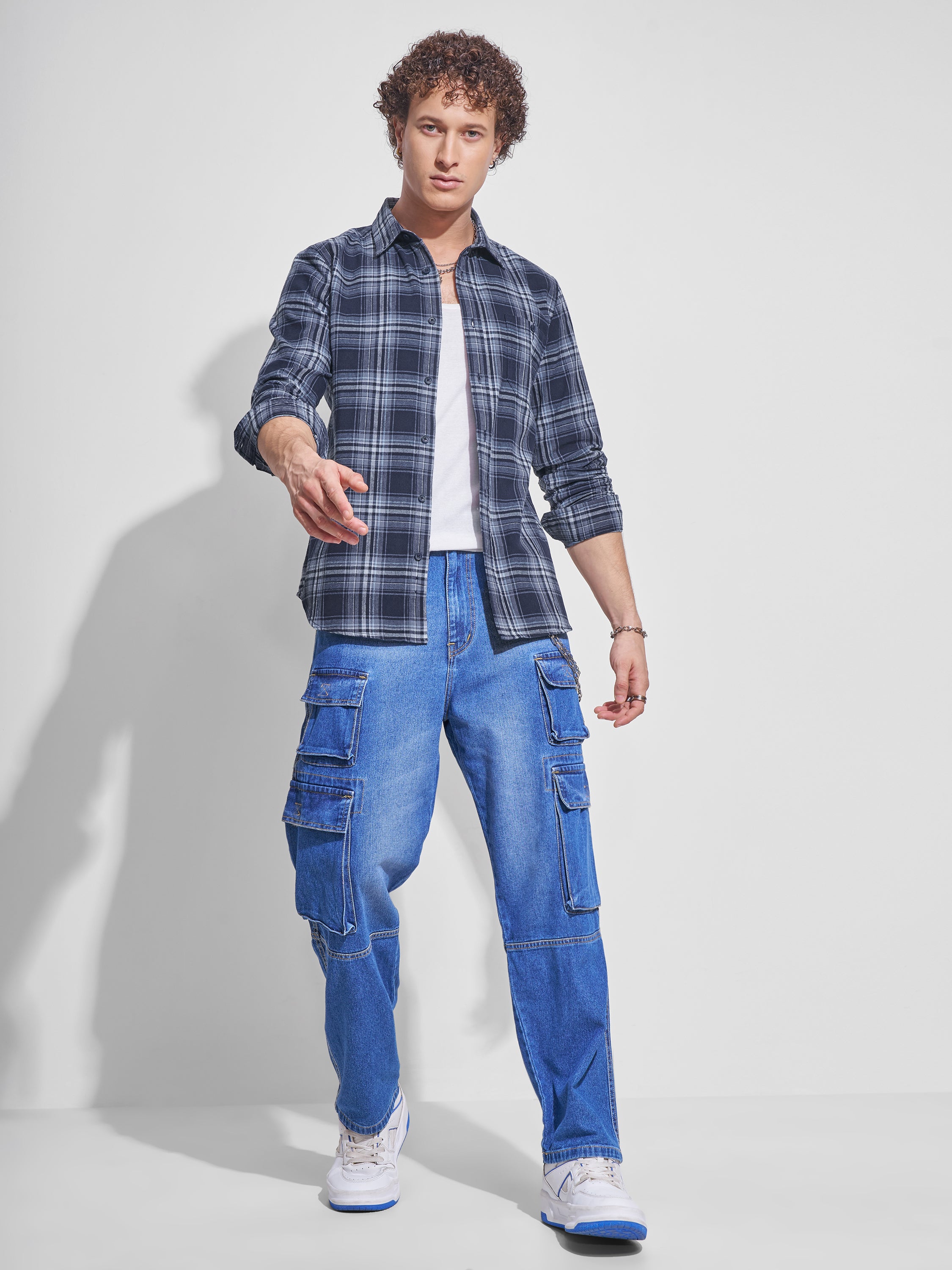 Highlander Men Navy Blue Checked Slim Fit Casual Shirt - Navy Blue - Image 2
