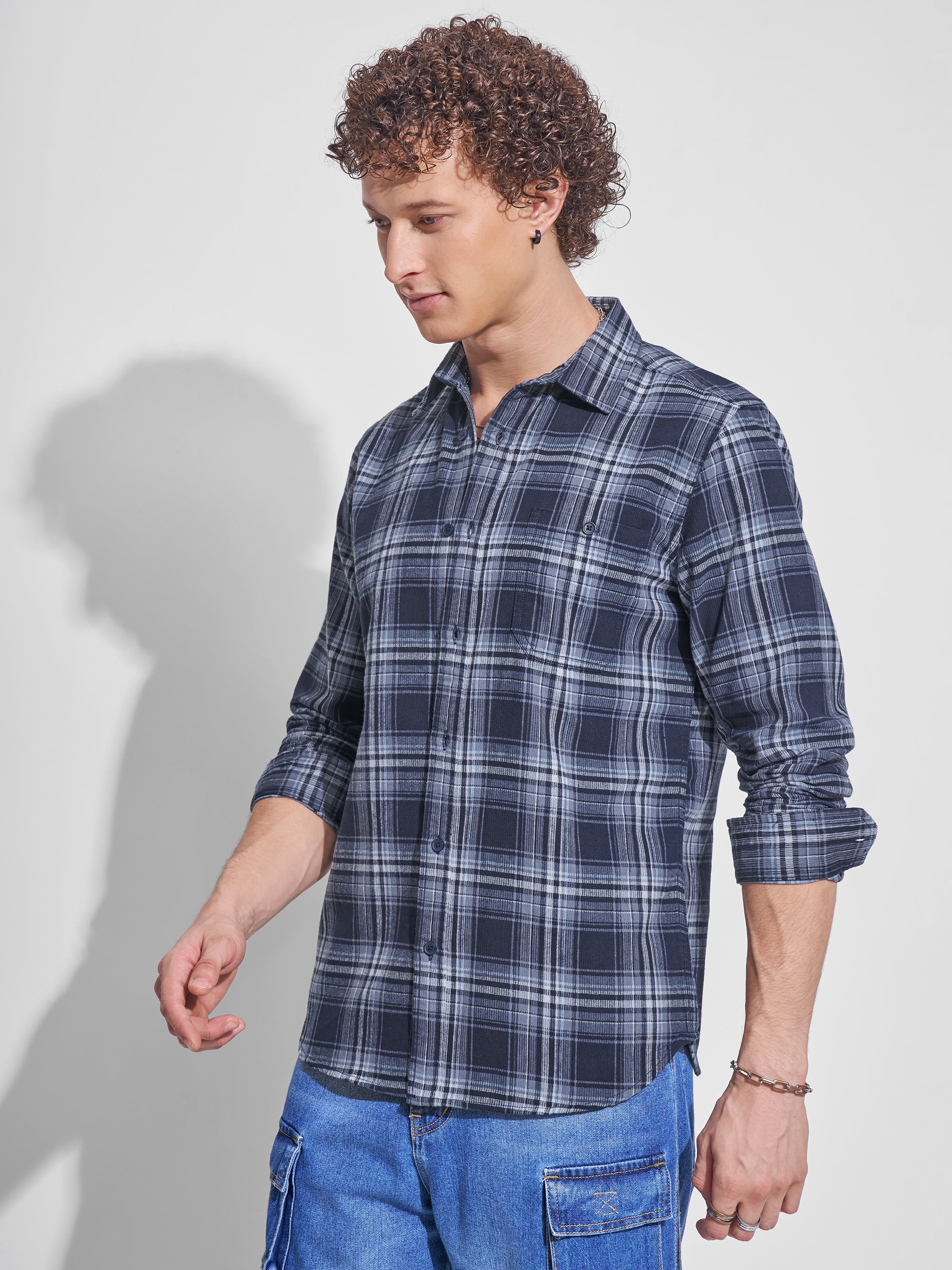 Highlander Men Navy Blue Checked Slim Fit Casual Shirt - Navy Blue - Image 4