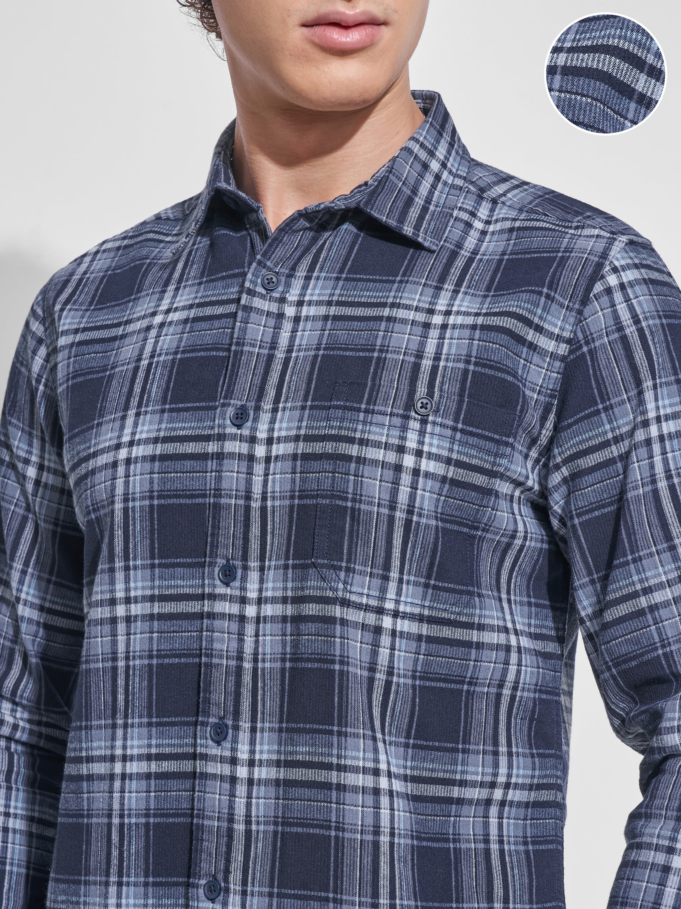 Highlander Men Navy Blue Checked Slim Fit Casual Shirt - Navy Blue - Image 5
