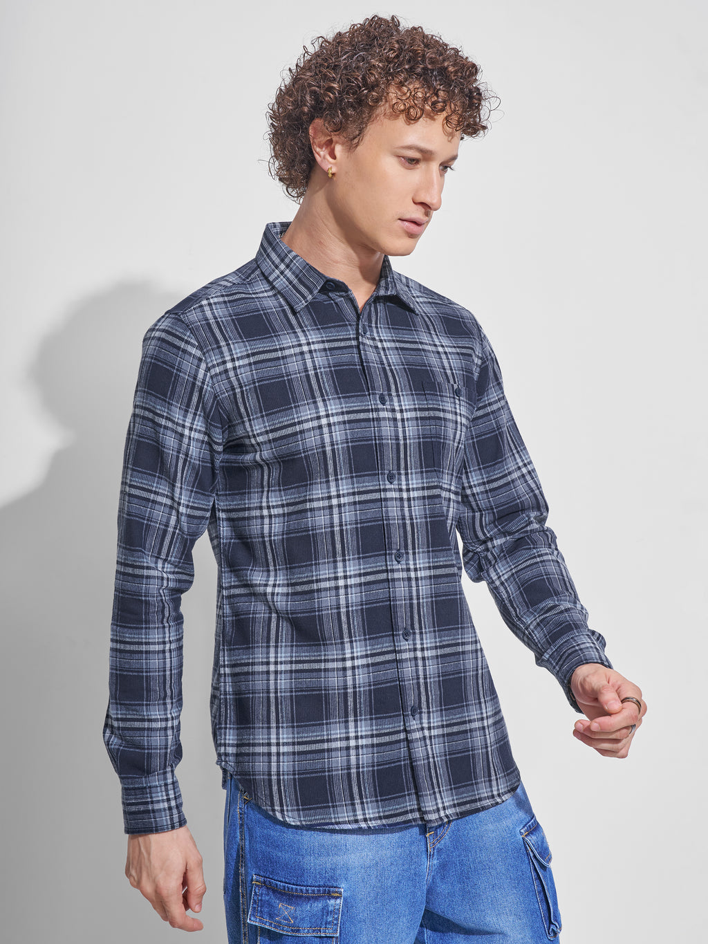 Highlander Men Navy Blue Checked Slim Fit Casual Shirt - Navy Blue - Image 6