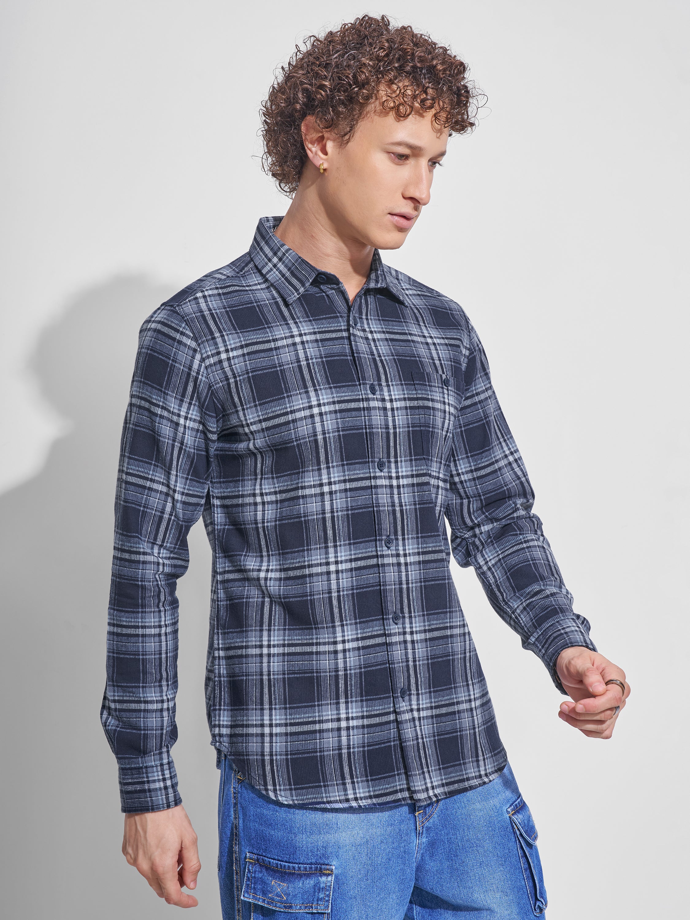 Highlander Men Navy Blue Checked Slim Fit Casual Shirt - Navy Blue - Image 6