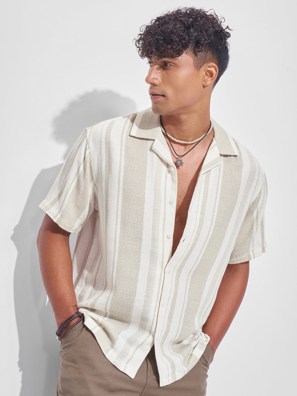 Highlander Men Cream Striped Relaxed Fit Casual Shirt - Cream - Image 1