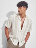 Highlander Men Cream Striped Relaxed Fit Casual Shirt - Cream - Image 1