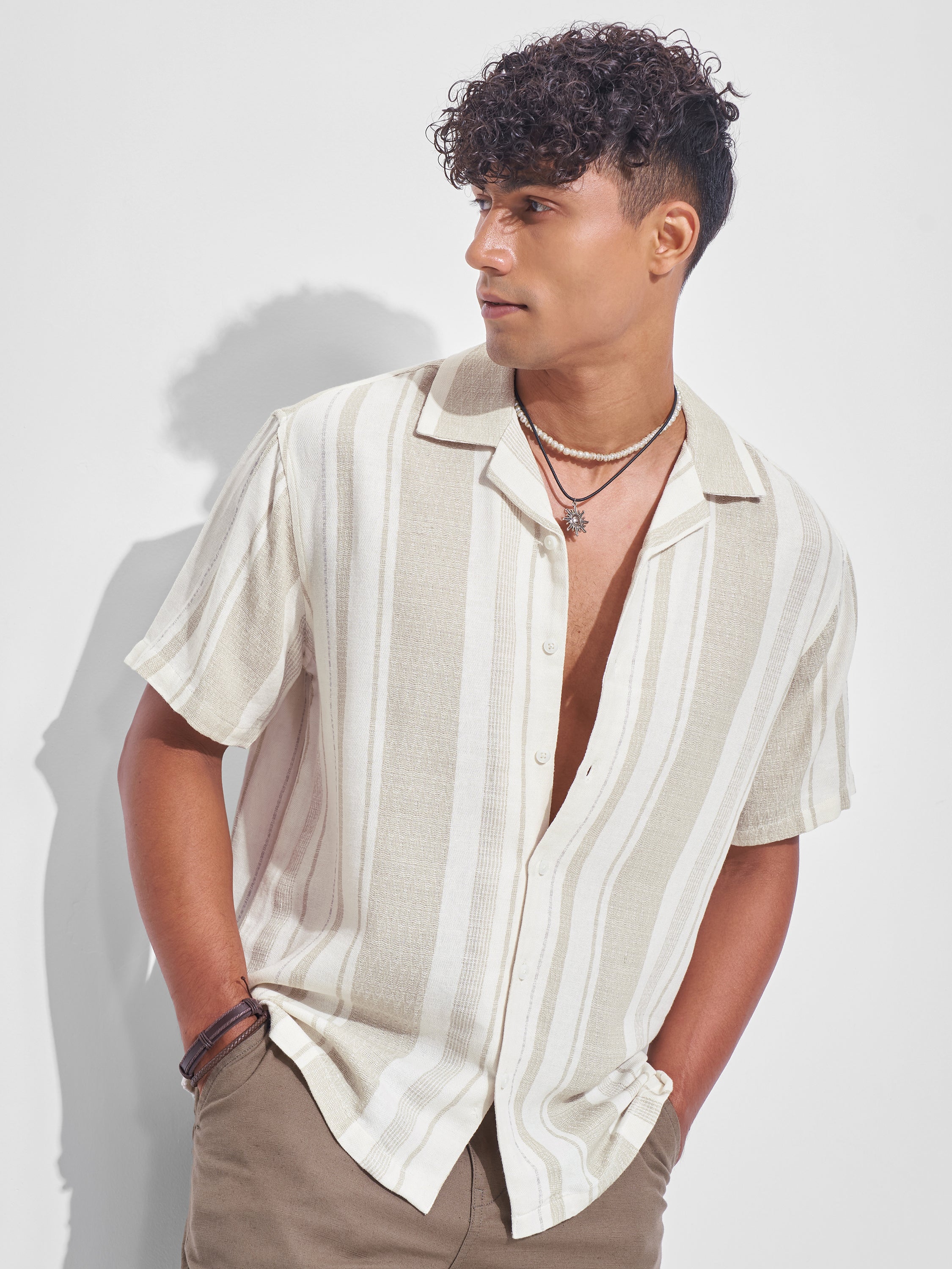 Highlander Men Cream Striped Relaxed Fit Casual Shirt - Cream - Image 1