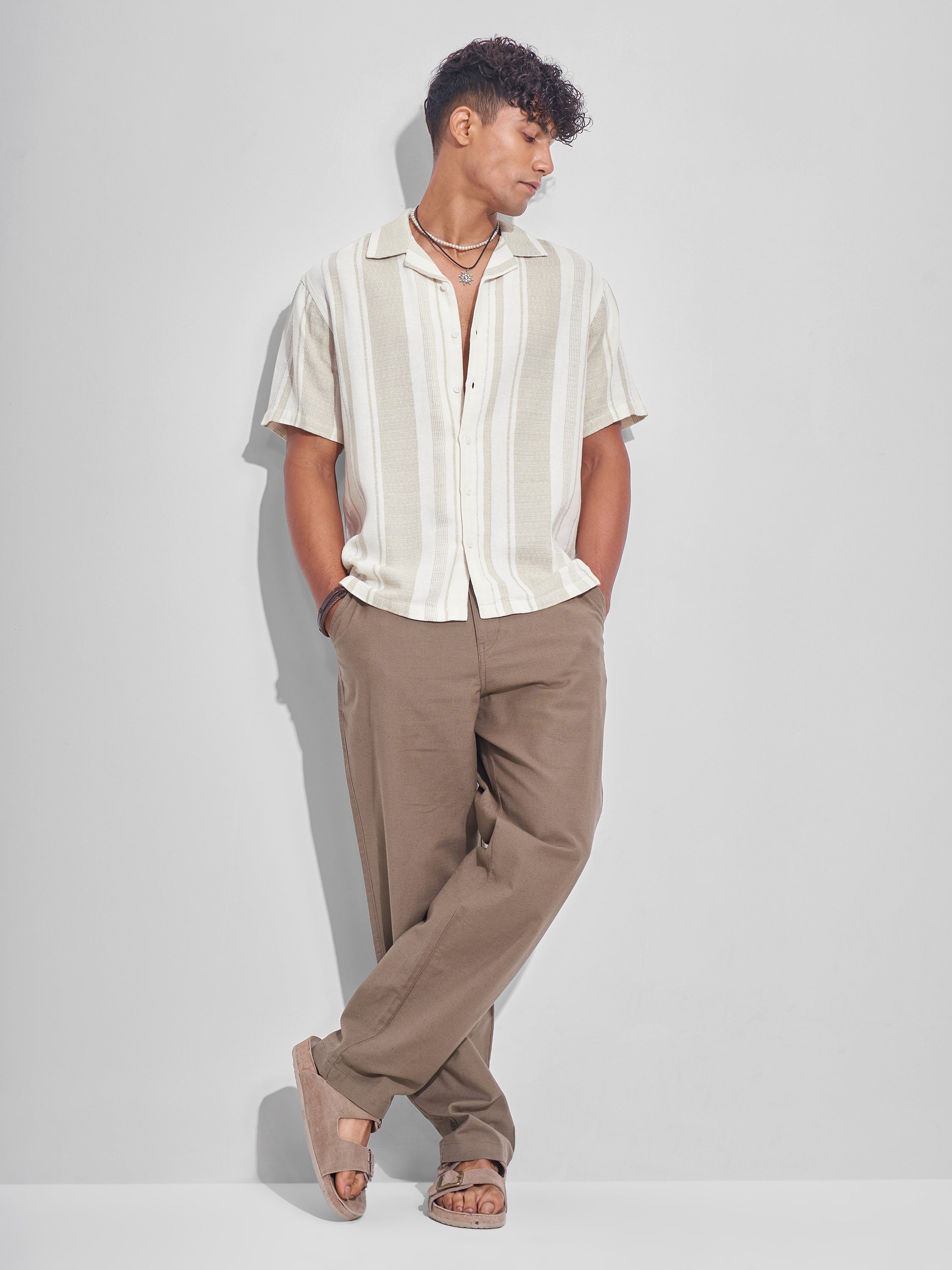 Highlander Men Cream Striped Relaxed Fit Casual Shirt - Cream - Image 2
