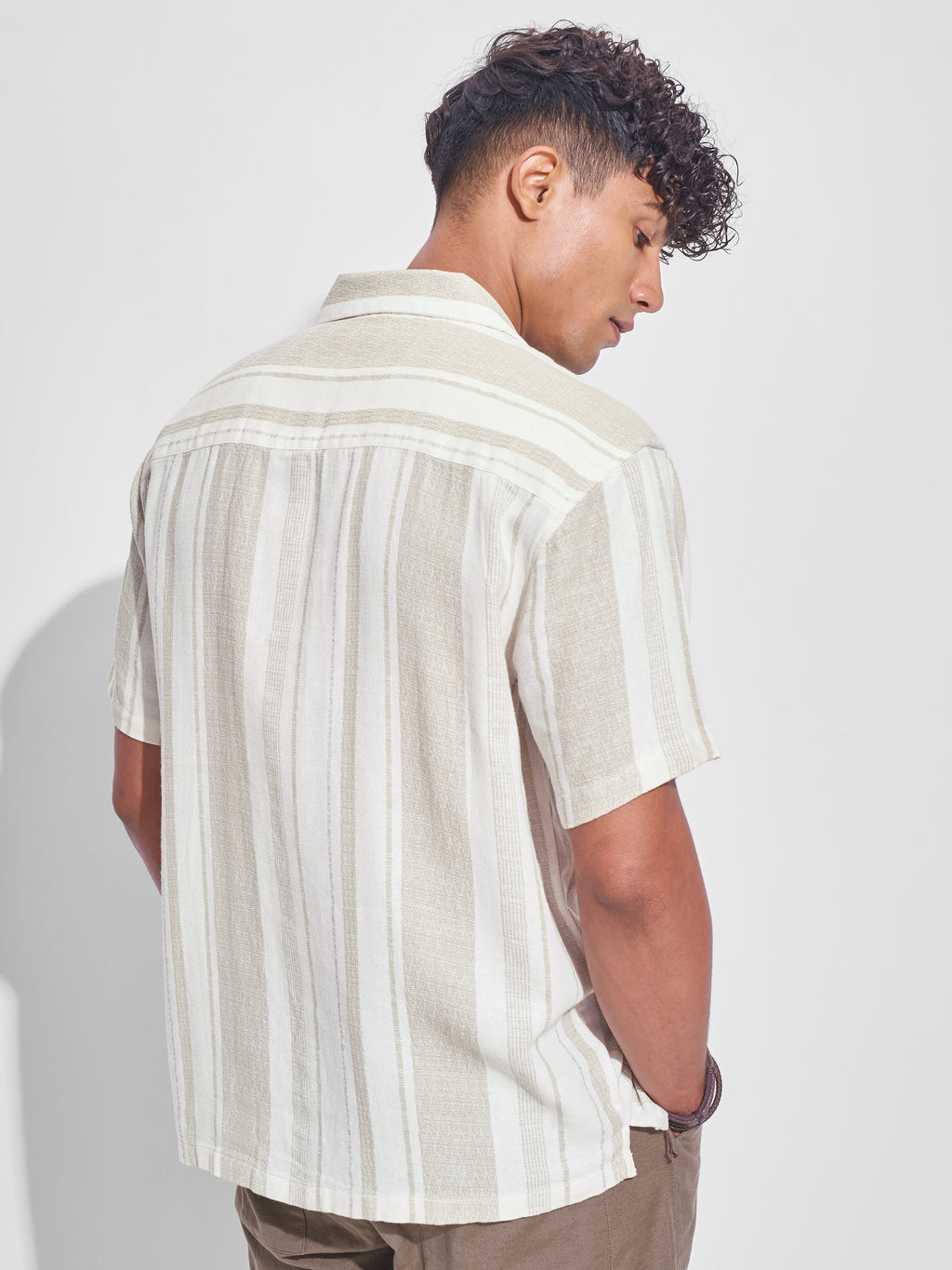 Highlander Men Cream Striped Relaxed Fit Casual Shirt - Cream - Image 3