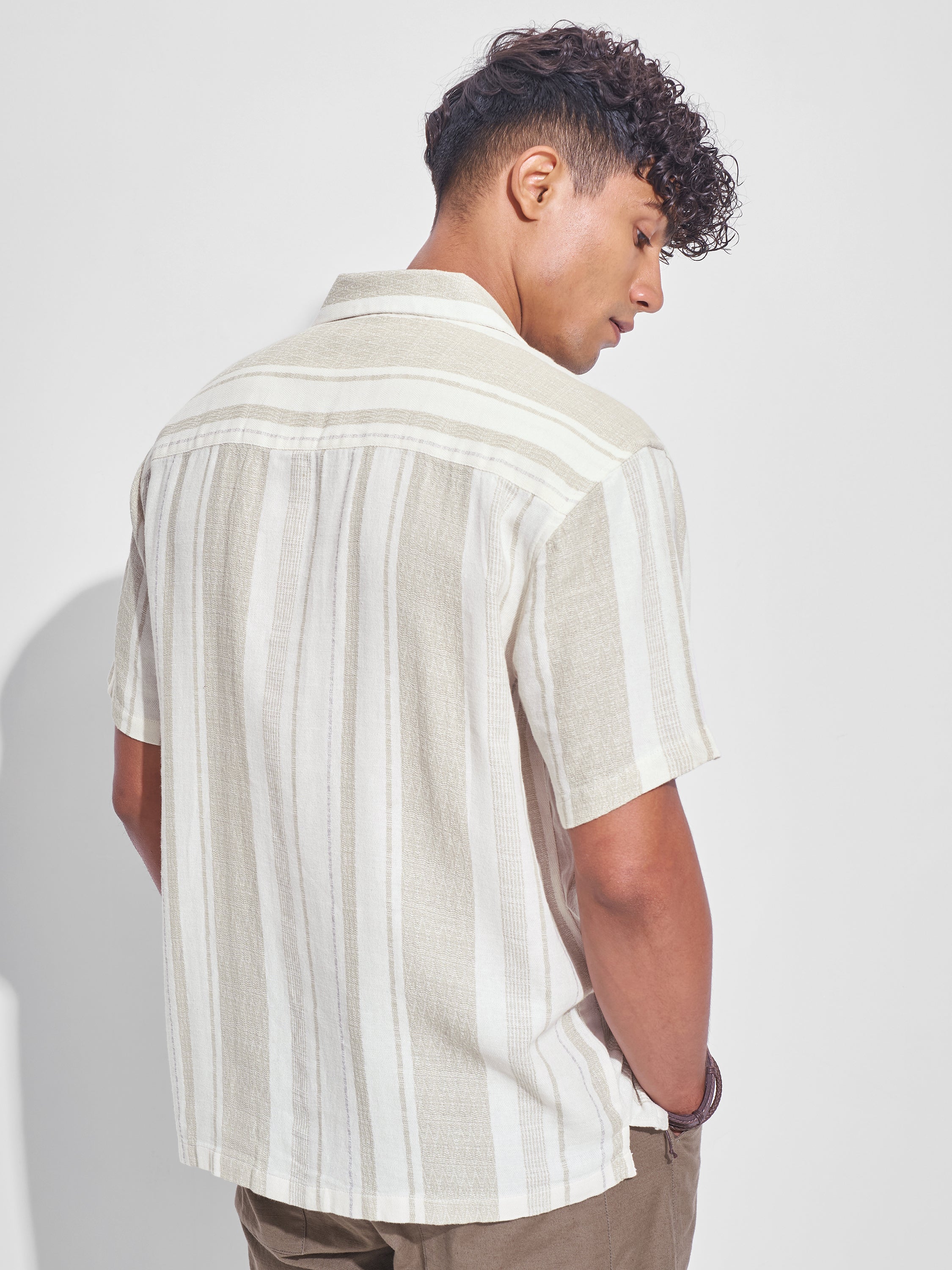 Highlander Men Cream Striped Relaxed Fit Casual Shirt - Cream - Image 3