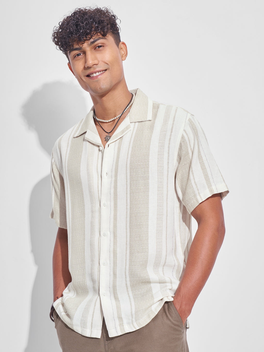 Highlander Men Cream Striped Relaxed Fit Casual Shirt - Cream - Image 4