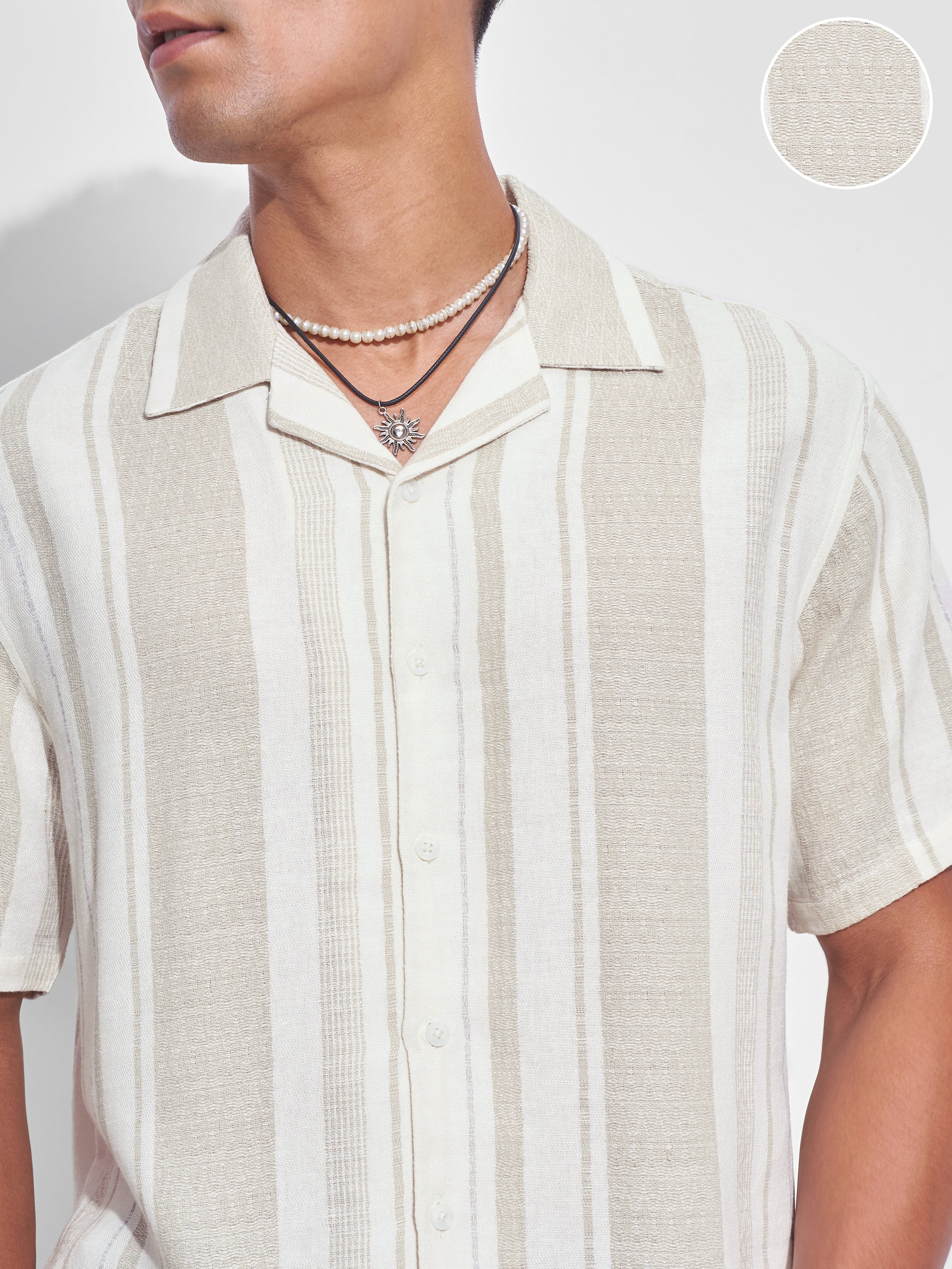 Highlander Men Cream Striped Relaxed Fit Casual Shirt - Cream - Image 5
