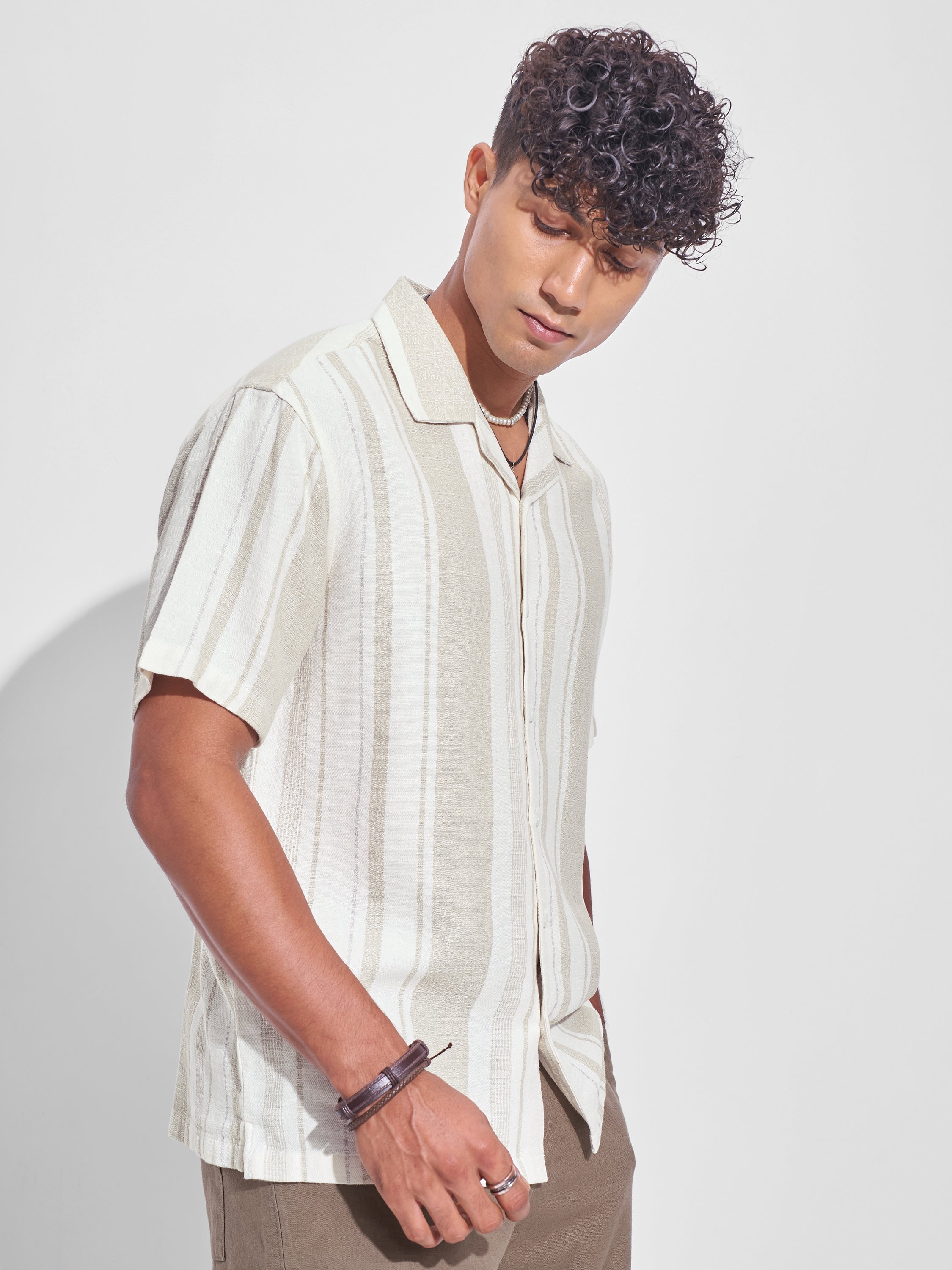 Highlander Men Cream Striped Relaxed Fit Casual Shirt - Cream - Image 6