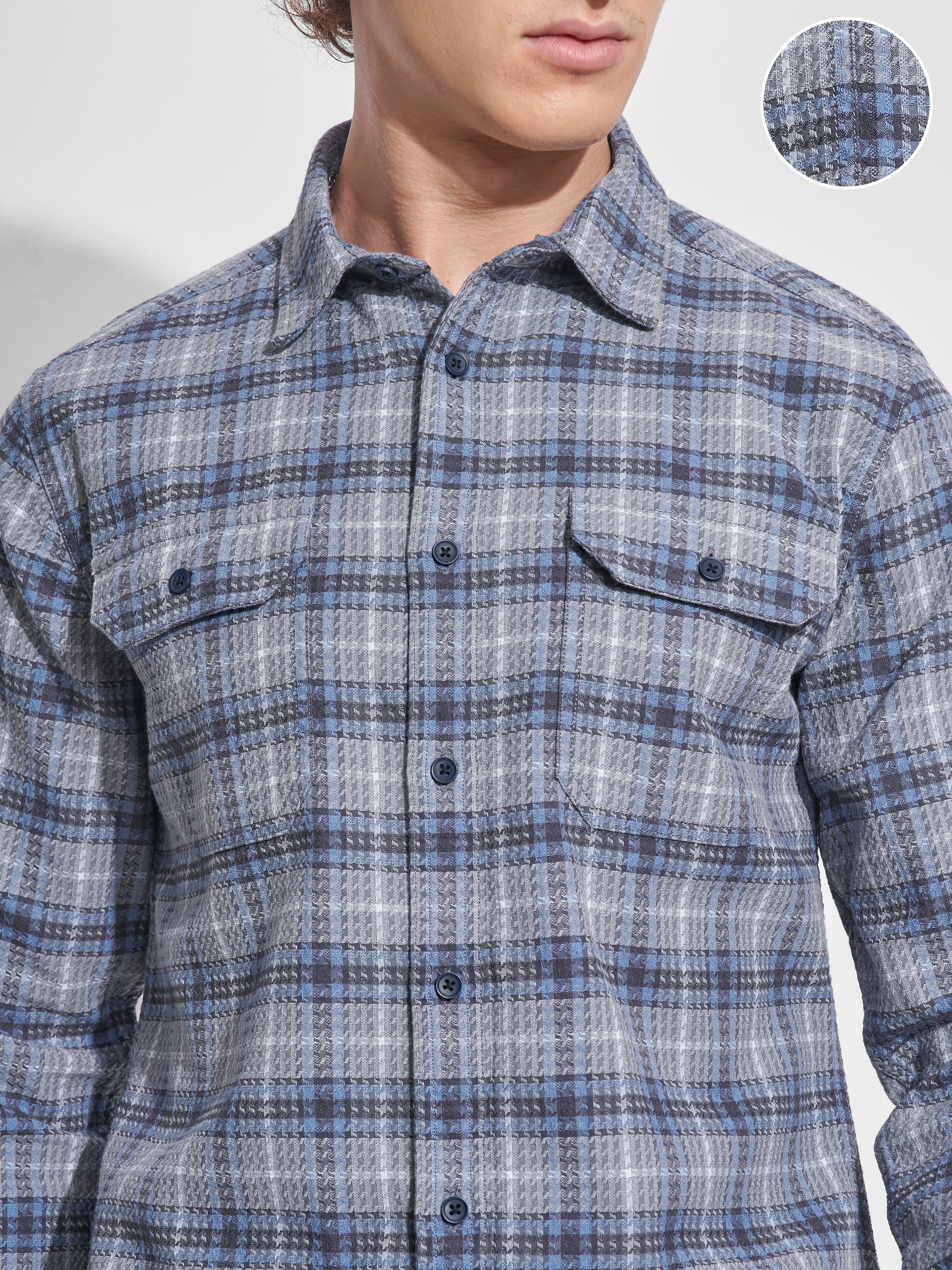 Highlander Men Grey Checked Slim Fit Casual Shirt - Grey - Image 5