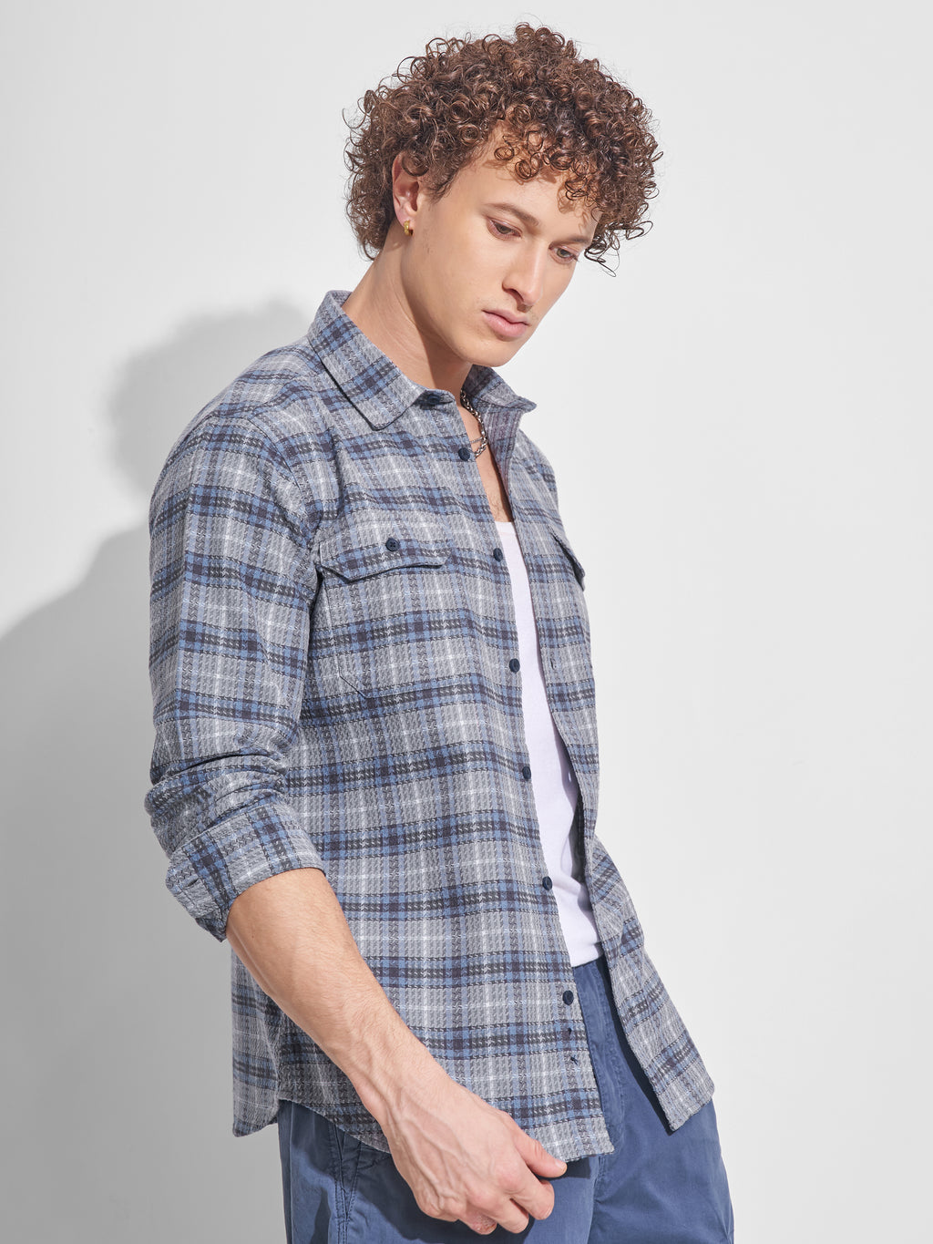 Highlander Men Grey Checked Slim Fit Casual Shirt - Grey - Image 6