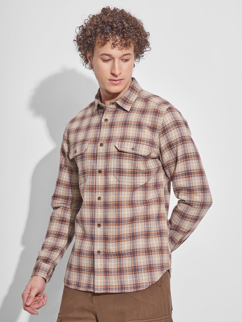 Highlander Men Beige Checked Slim Fit Casual Shirt - Beige - Image 4