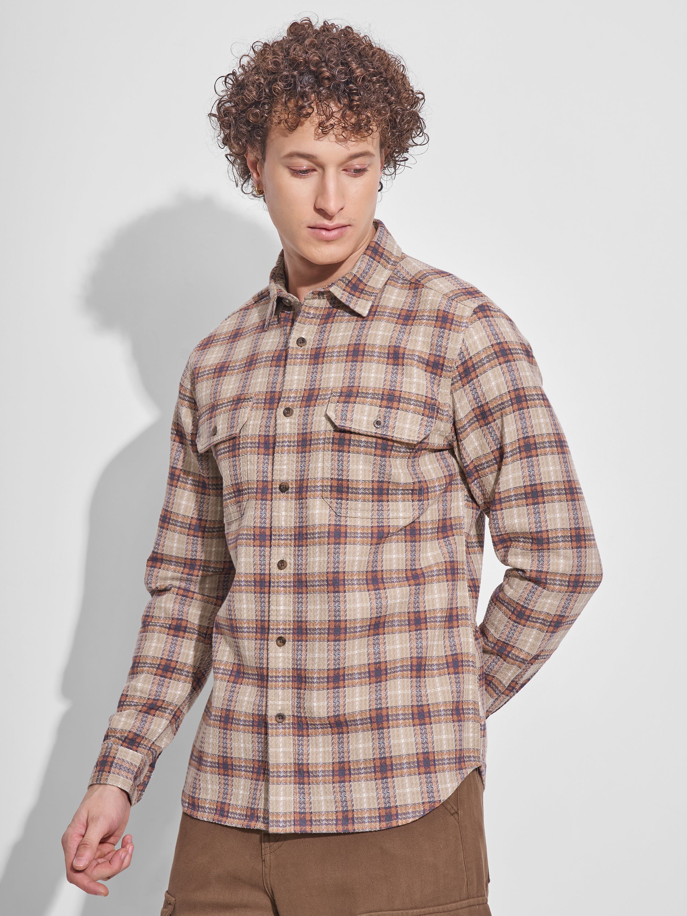 Highlander Men Beige Checked Slim Fit Casual Shirt - Beige - Image 4