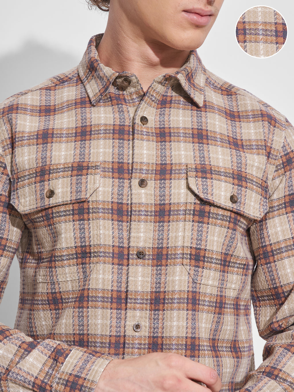 Highlander Men Beige Checked Slim Fit Casual Shirt - Beige - Image 5