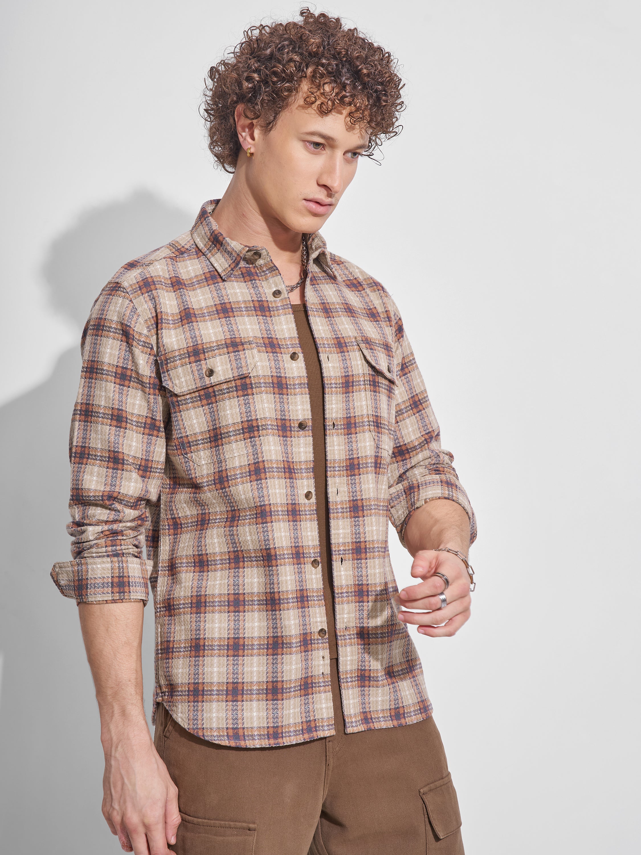 Highlander Men Beige Checked Slim Fit Casual Shirt - Beige - Image 6