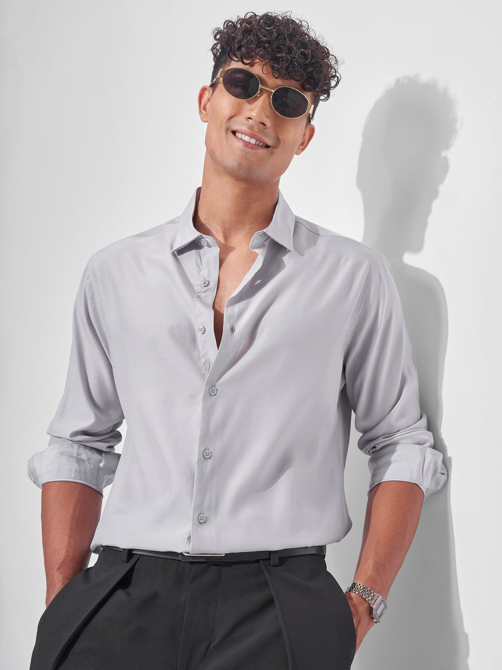 Highlander Men Grey Solid Oversized Fit Casual Shirt - Grey - Image 1