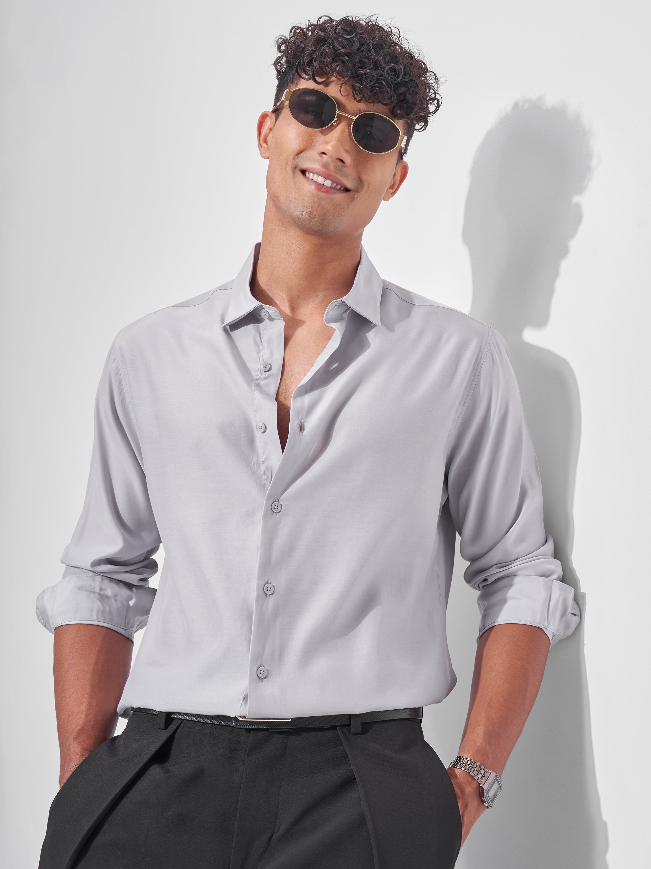 Highlander Men Grey Solid Oversized Fit Casual Shirt - Grey - Image 1