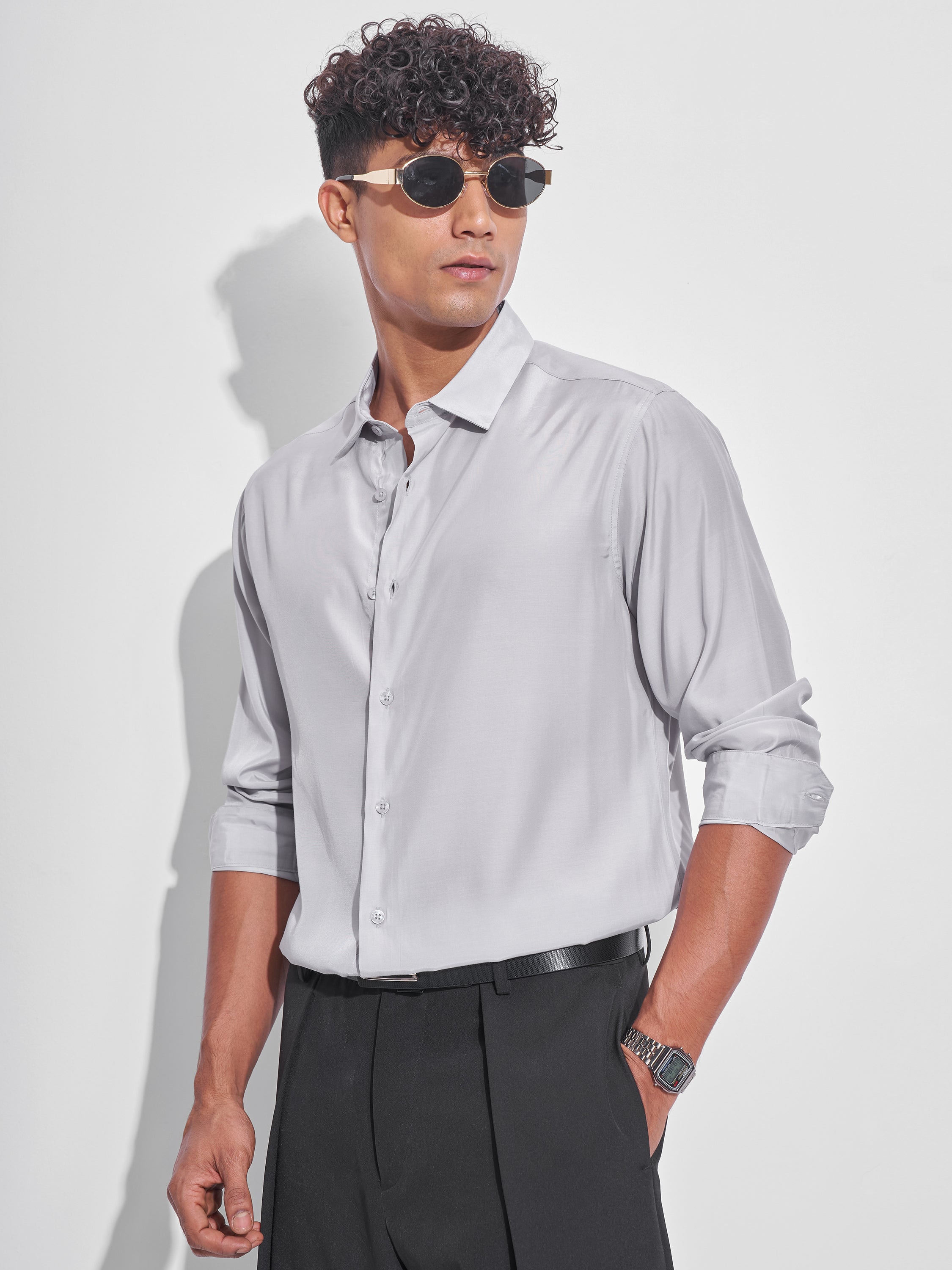 Highlander Men Grey Solid Oversized Fit Casual Shirt - Grey - Image 4