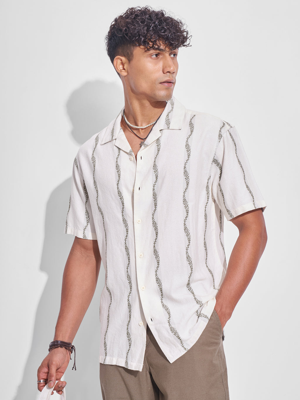 Highlander Men Cream Embroidered Relaxed Fit Casual Shirt - Cream - Image 1