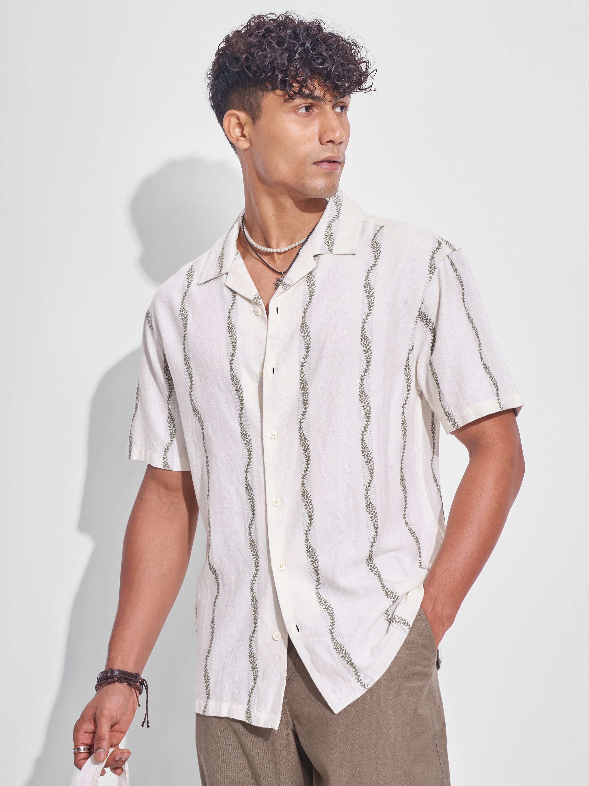 Highlander Men Cream Embroidered Relaxed Fit Casual Shirt - Cream - Image 1