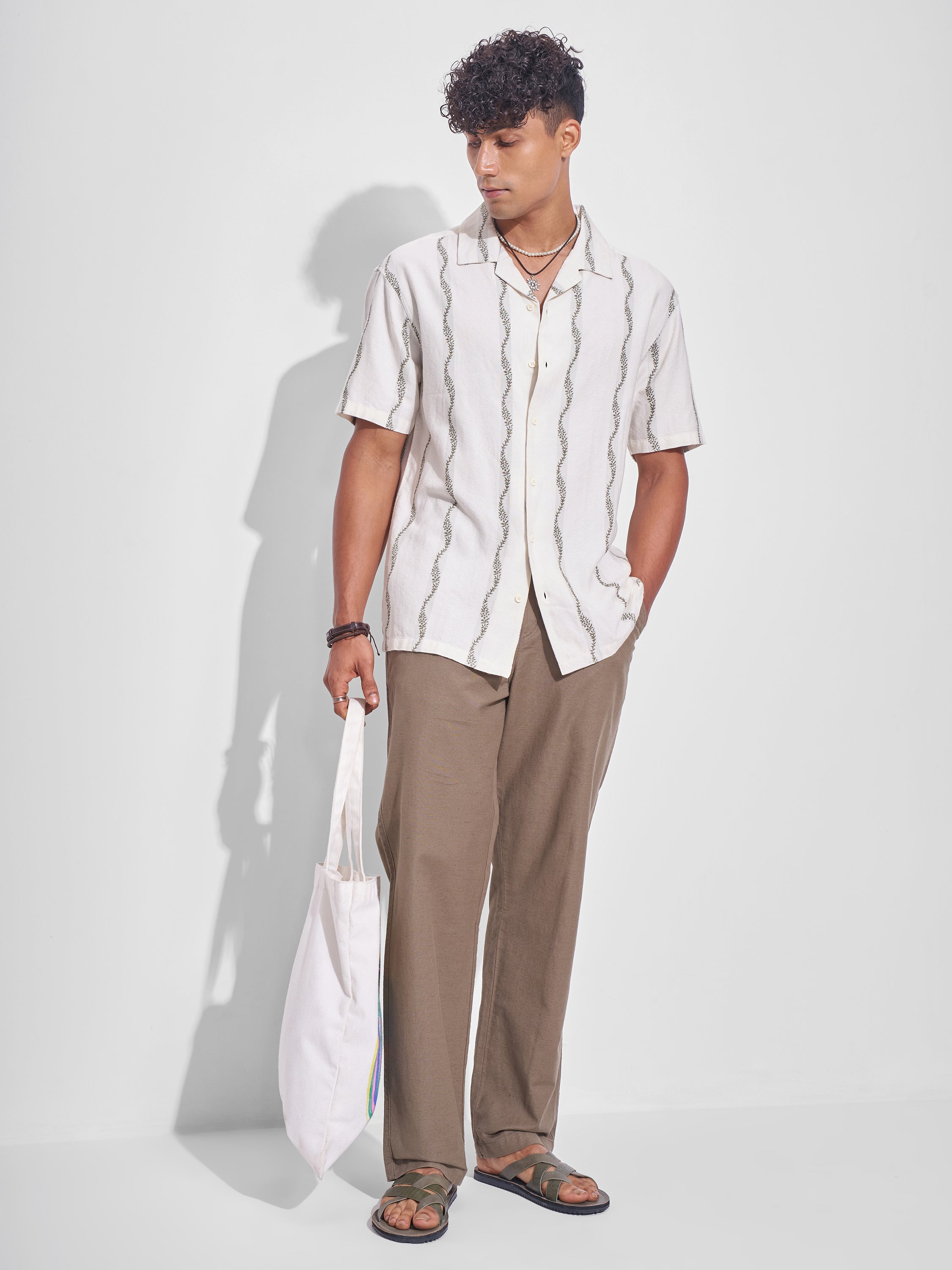 Highlander Men Cream Embroidered Relaxed Fit Casual Shirt - Cream - Image 2