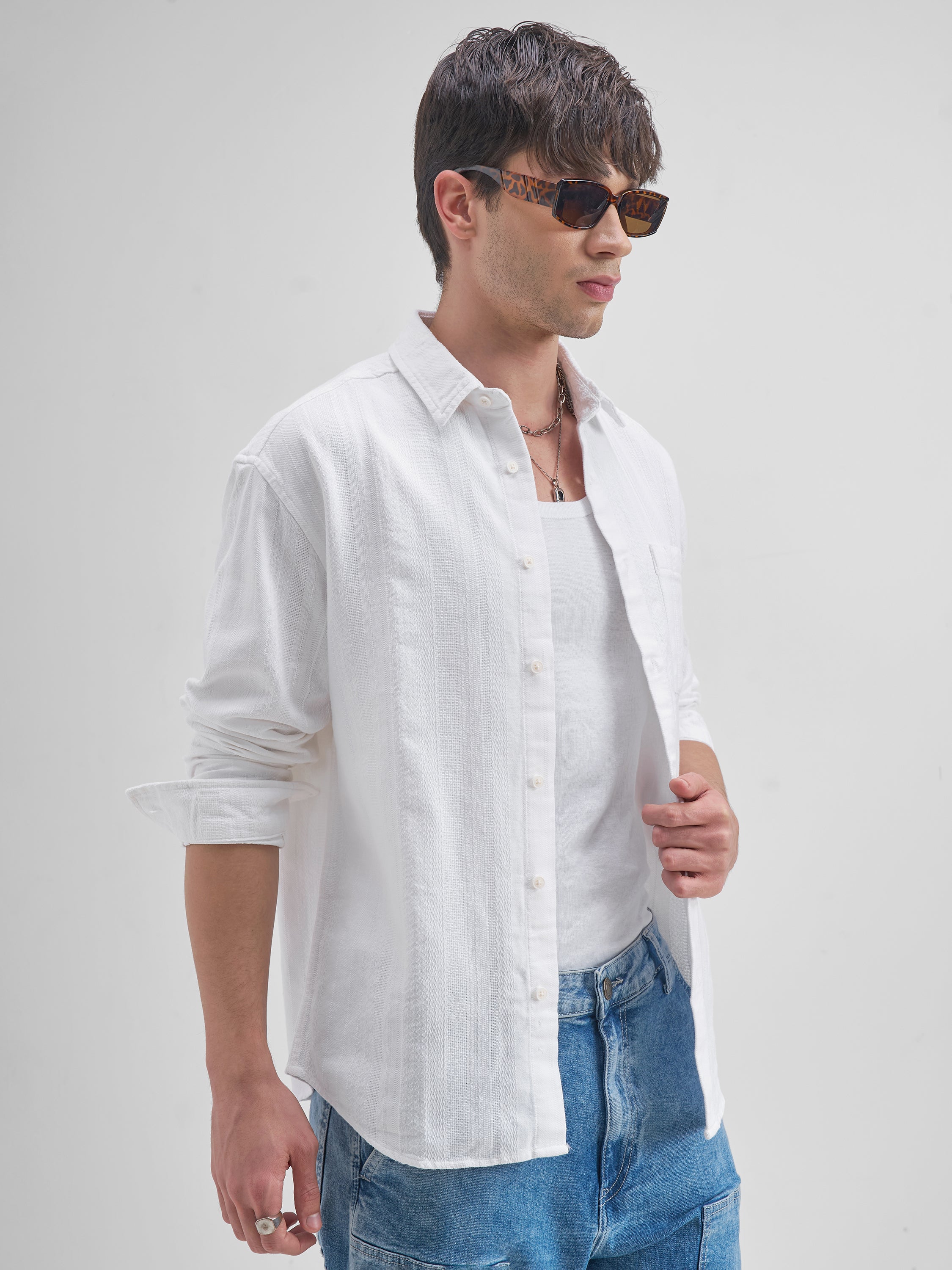 Highlander Men White Striped Relaxed Fit Casual Shirt - White - Image 6