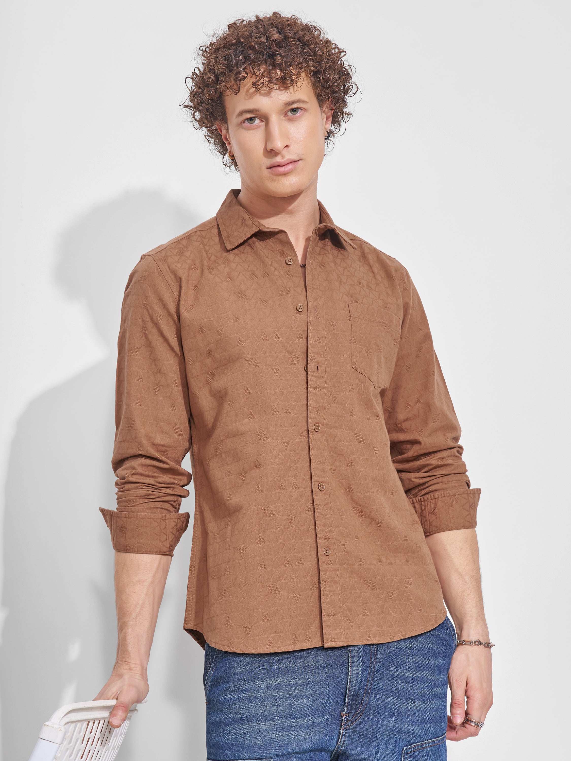 Highlander Men Rust Self Design Slim Fit Casual Shirt - Rust - Image 1
