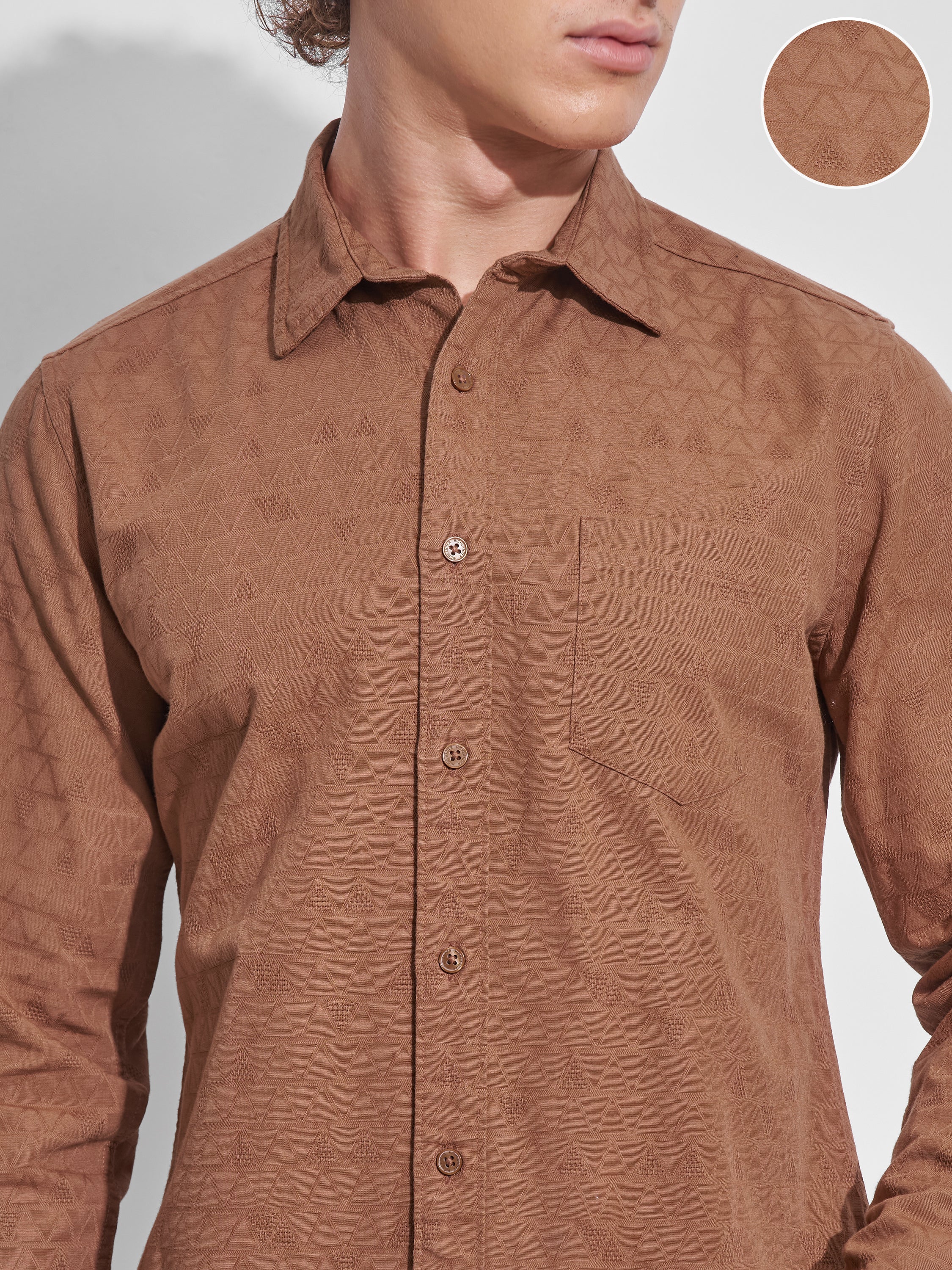 Highlander Men Rust Self Design Slim Fit Casual Shirt - Rust - Image 5
