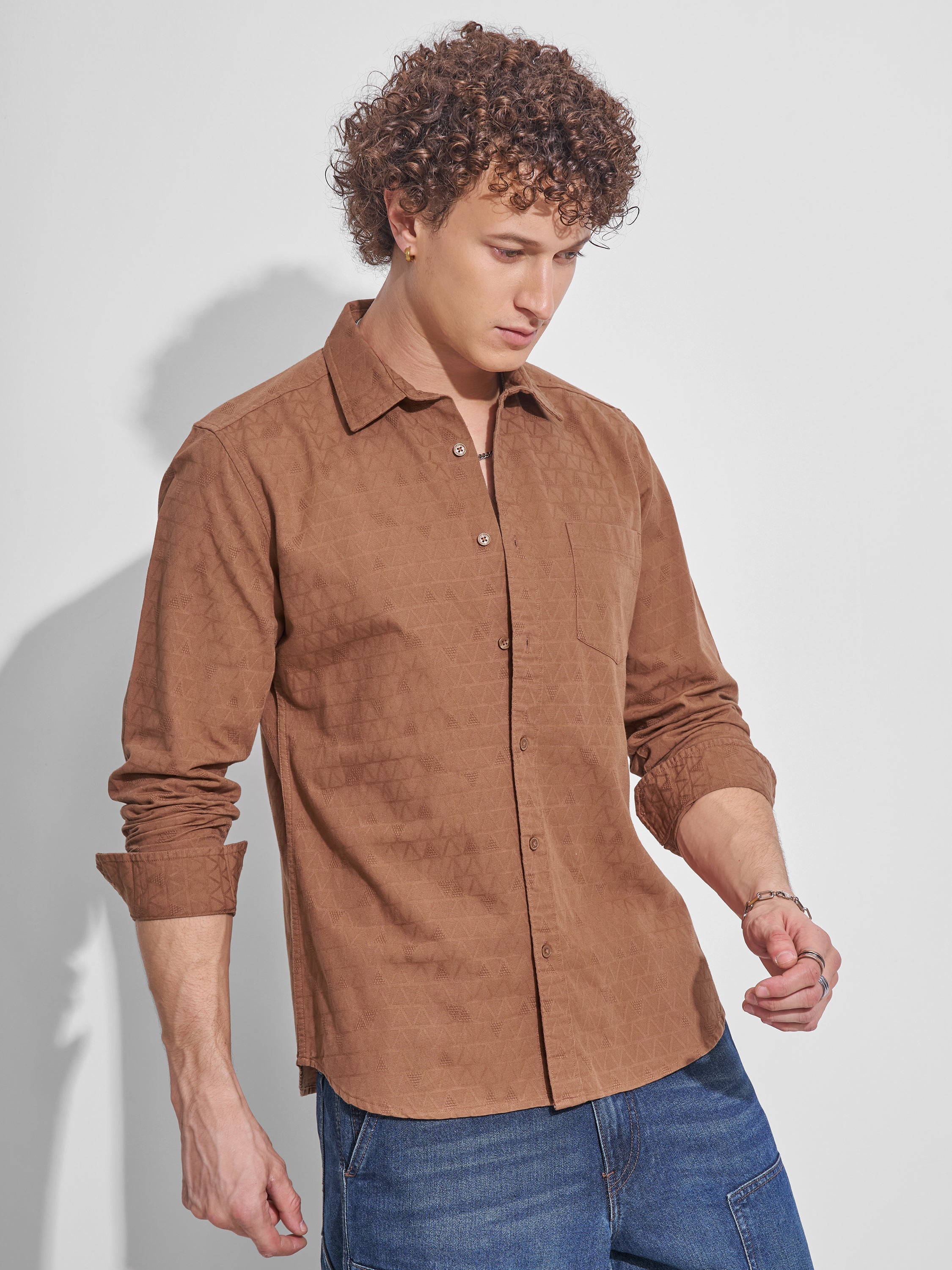 Highlander Men Rust Self Design Slim Fit Casual Shirt - Rust - Image 6