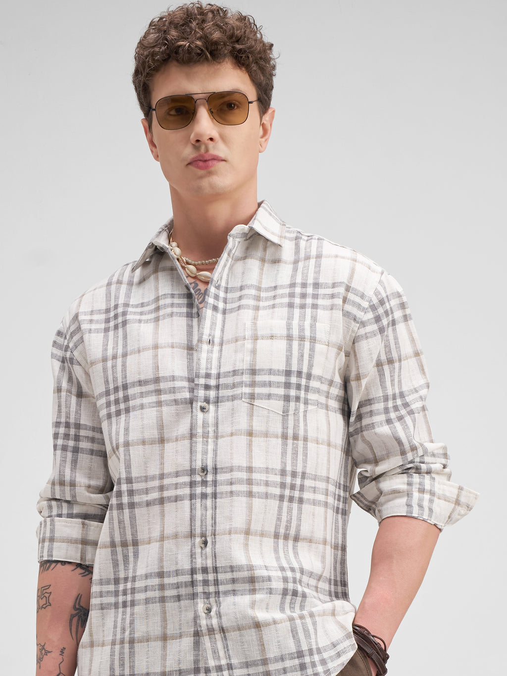 Highlander Men Grey Checked Regular Fit Casual Shirt - Grey - Image 1