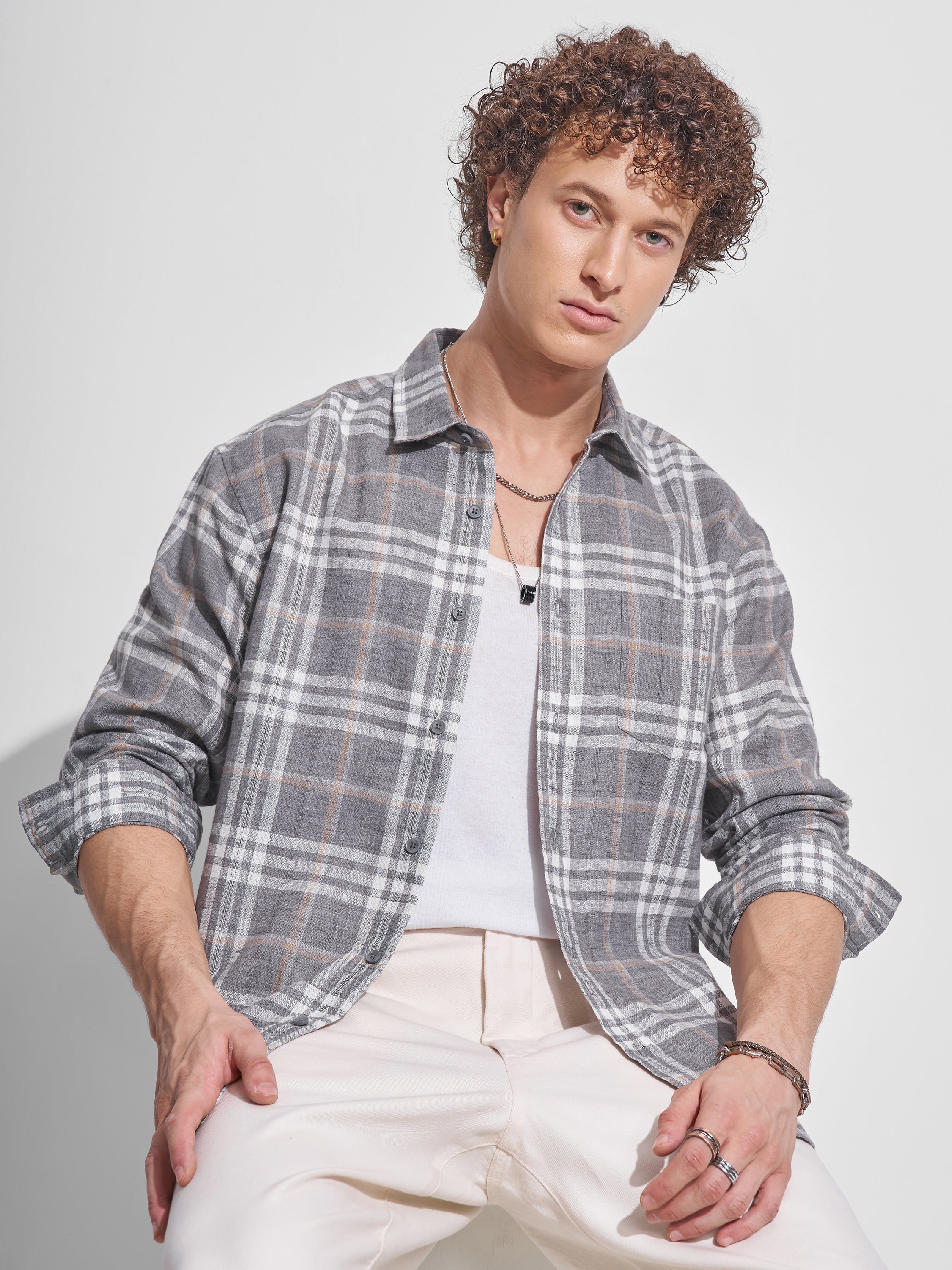 Highlander Men Cream Checked Relaxed Fit Casual Shirt - Cream - Image 1