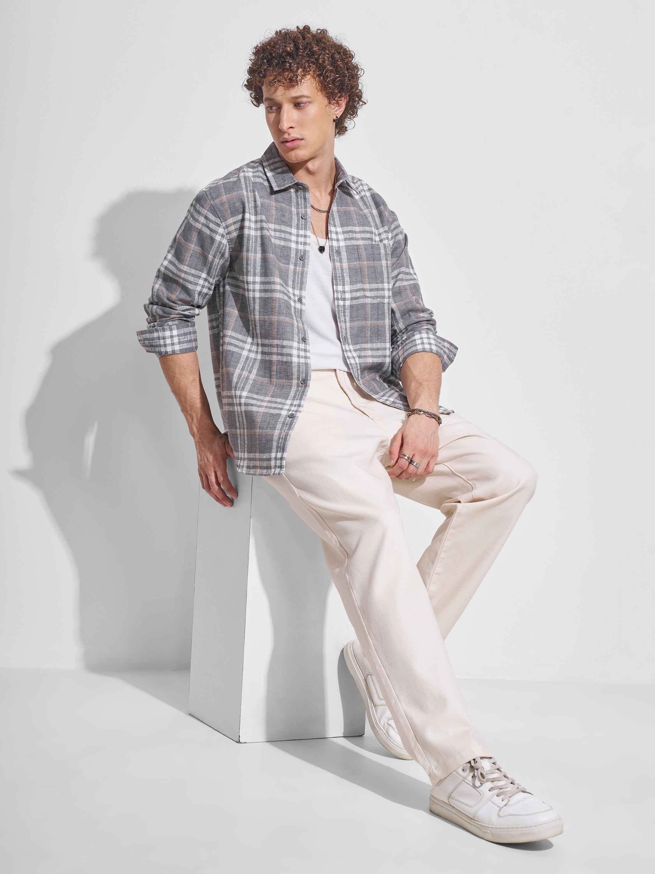 Highlander Men Cream Checked Relaxed Fit Casual Shirt - Cream - Image 2