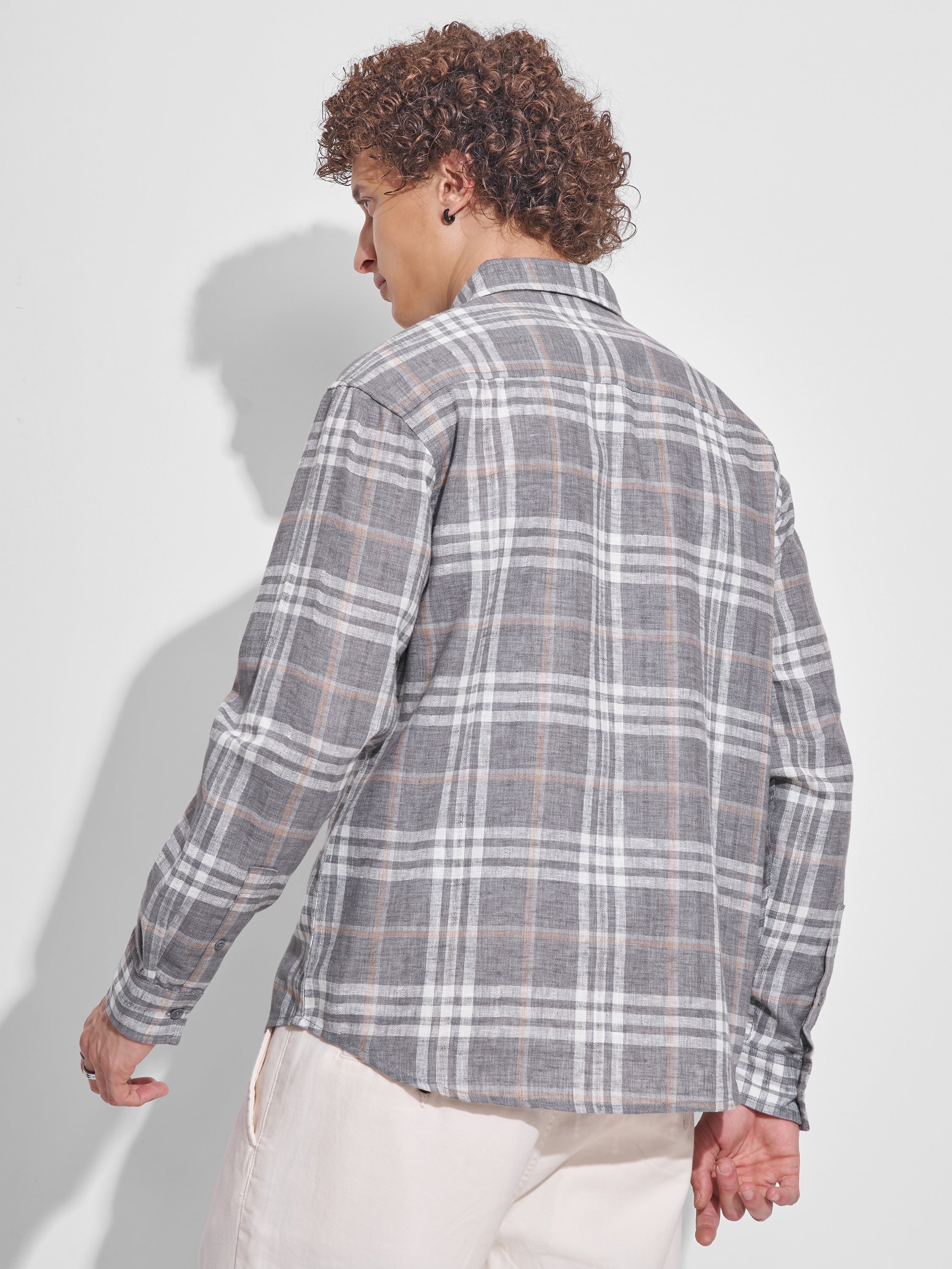 Highlander Men Cream Checked Relaxed Fit Casual Shirt - Cream - Image 3