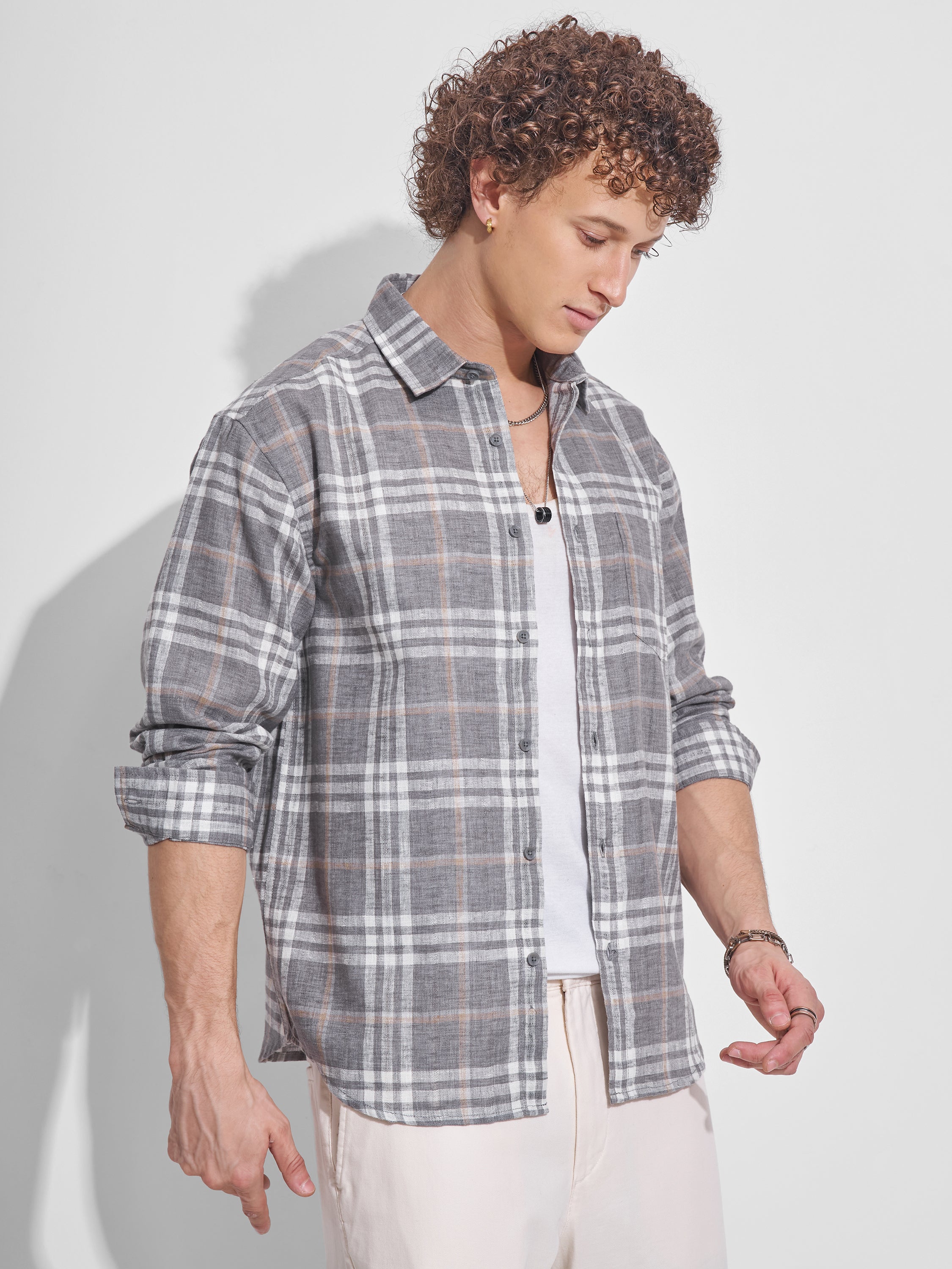 Highlander Men Cream Checked Relaxed Fit Casual Shirt - Cream - Image 6