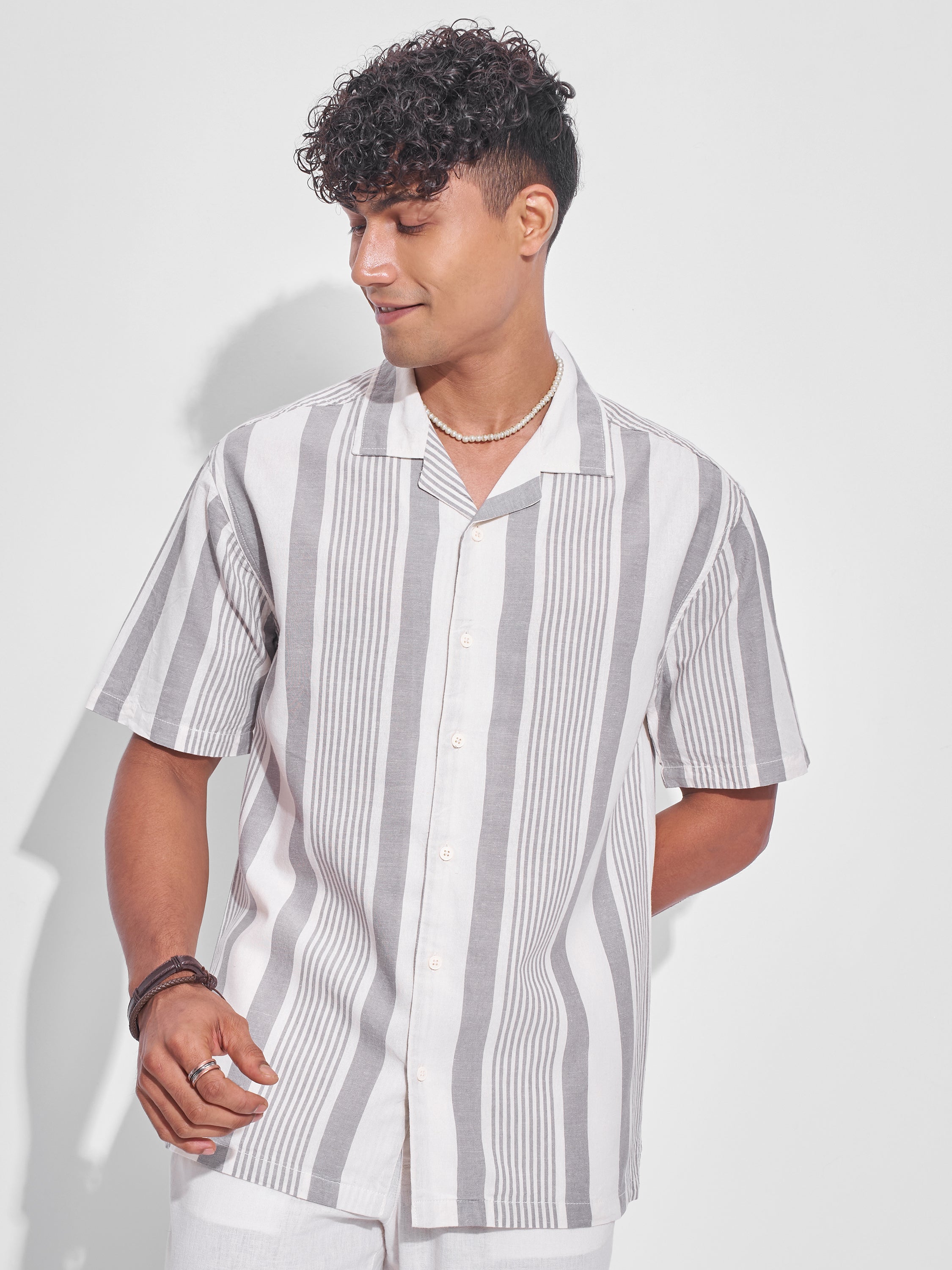 Highlander Men Grey Striped Relaxed Fit Casual Shirt - Grey - Image 1