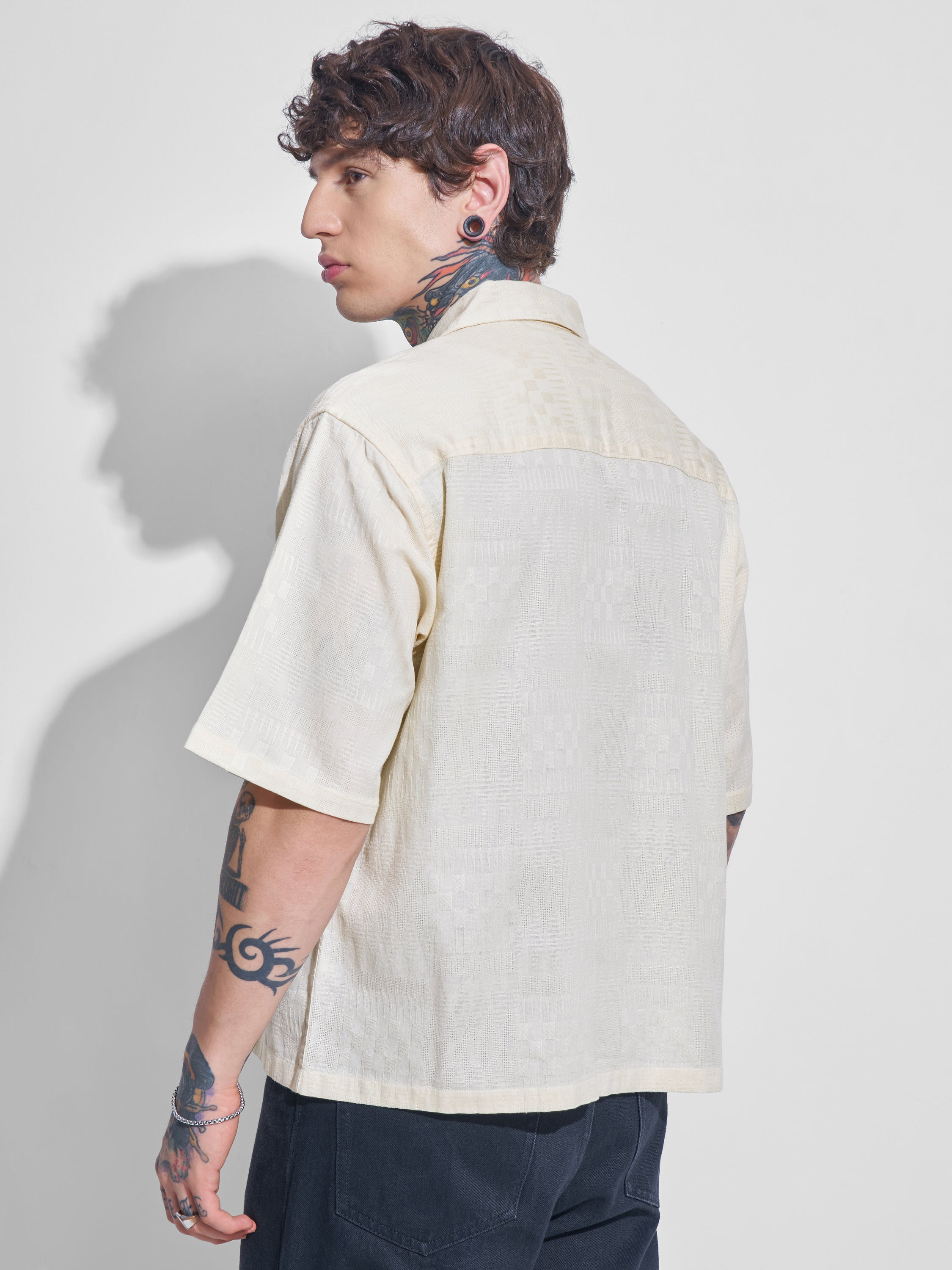 Highlander Men Cream Self Design Boxy Fit Casual Shirt - Cream - Image 3