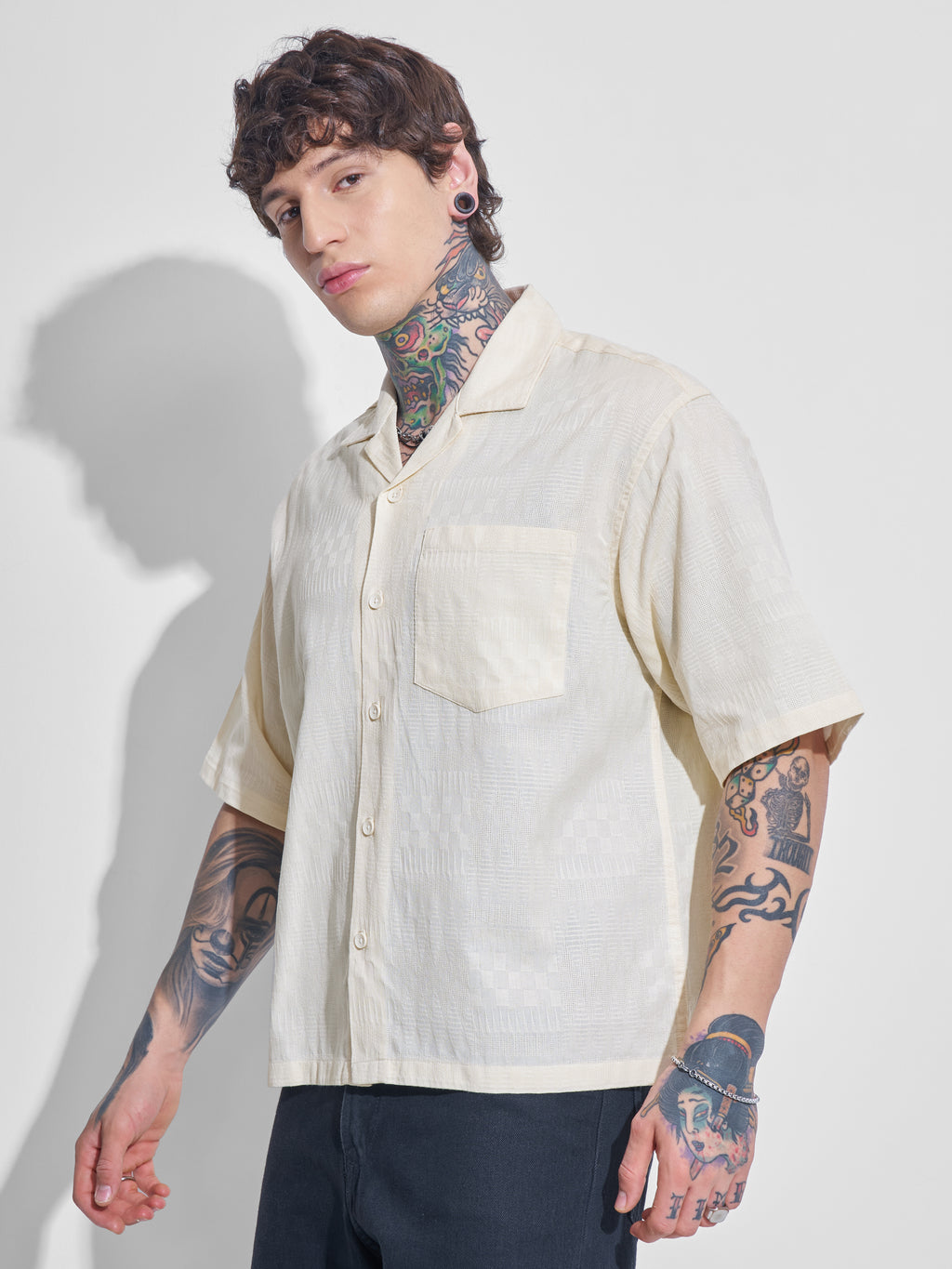 Highlander Men Cream Self Design Boxy Fit Casual Shirt - Cream - Image 4