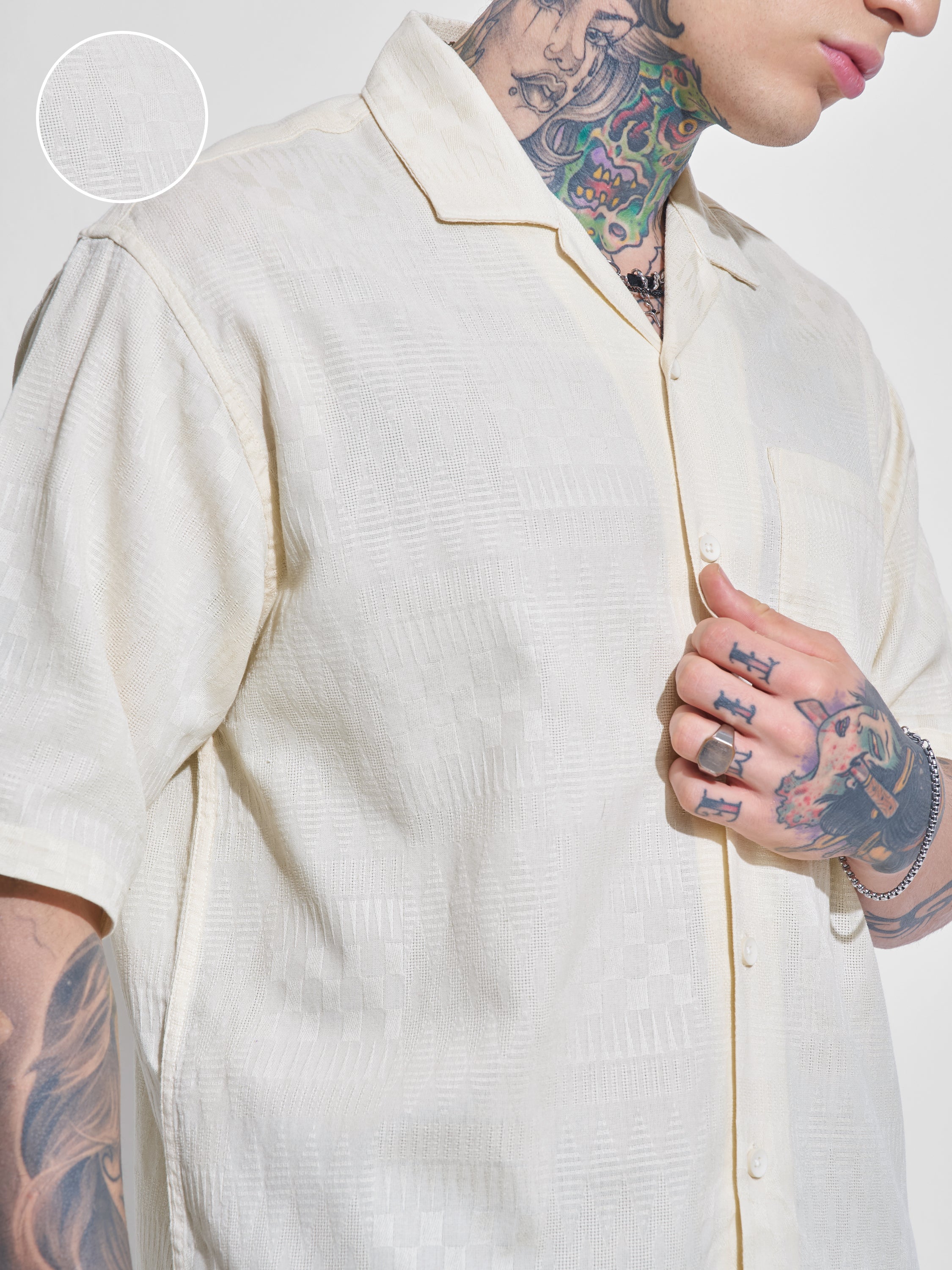 Highlander Men Cream Self Design Boxy Fit Casual Shirt - Cream - Image 5
