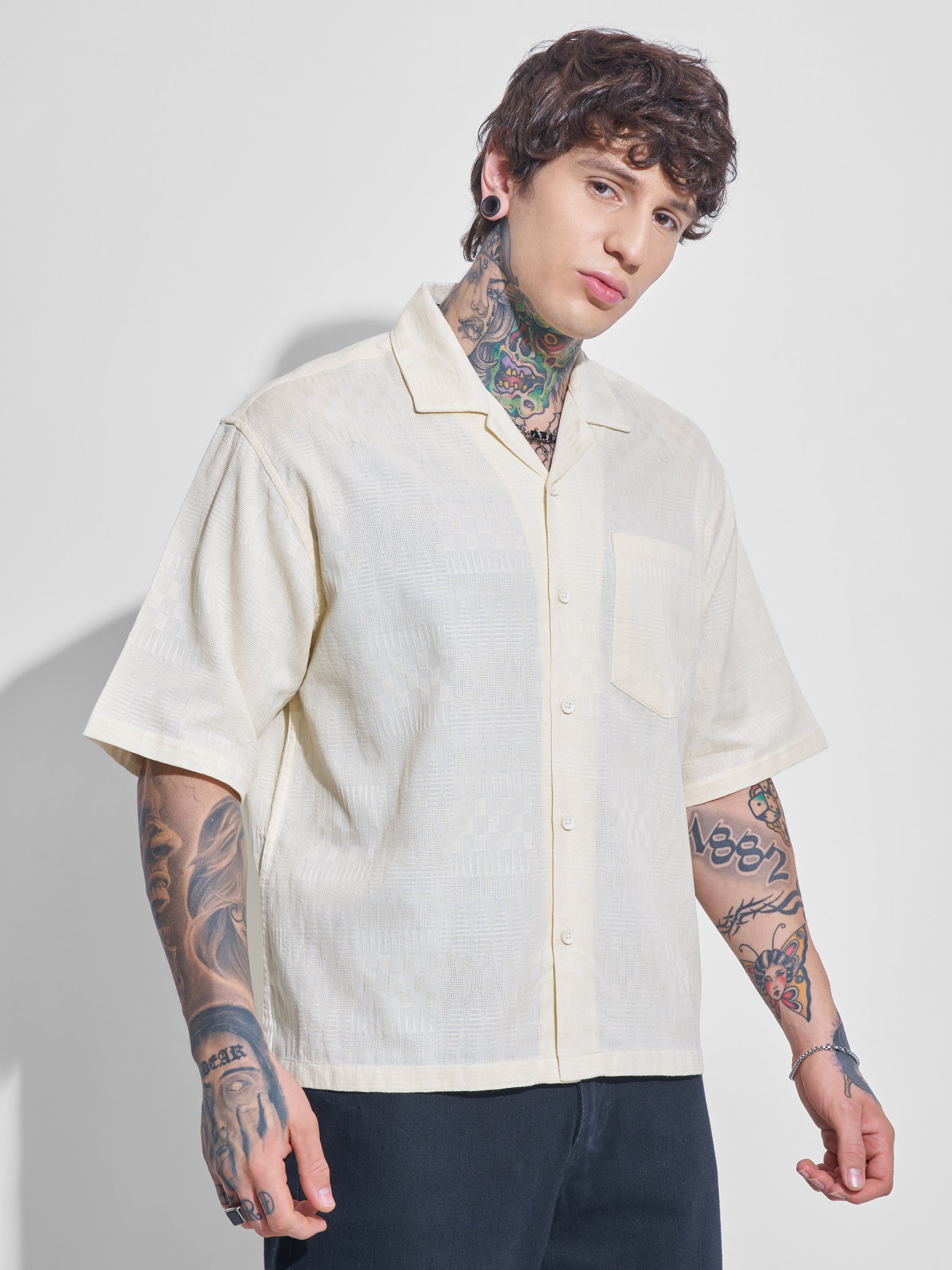 Highlander Men Cream Self Design Boxy Fit Casual Shirt - Cream - Image 6